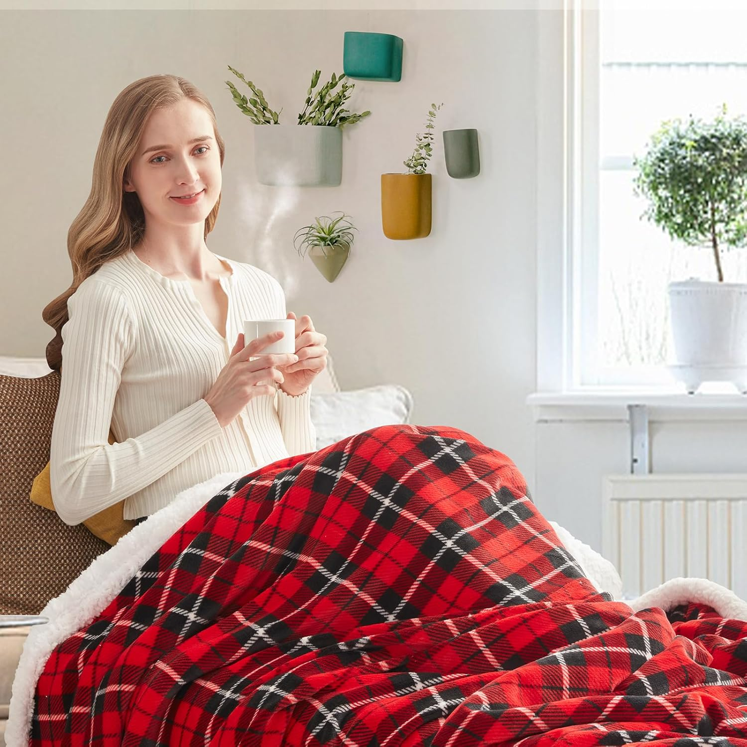 inhand Sherpa Throw Blanket Plaid Checkered Warm Blanket for Couch, Bed, Sofa Reversible Fluffy Flannel Fleece Blanket and Throw for Adults, Women, Men, Ideal for Christmas (Dark Red, 50”x 60”)