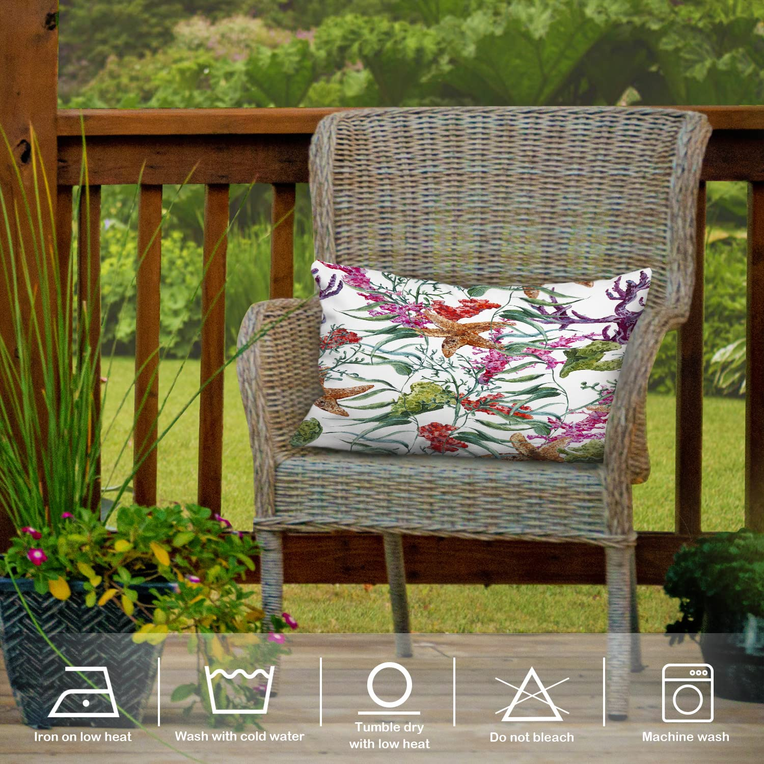 Coral Nautical Pillow Covers, Watercolor Sea Life Pattern with Seaweed Starfish Lumbar 12 x 20 Inches Decorative Throw Pillow Covers Cotton Cushion for Sofa Bedroom Car, Blue 04, Set of 2