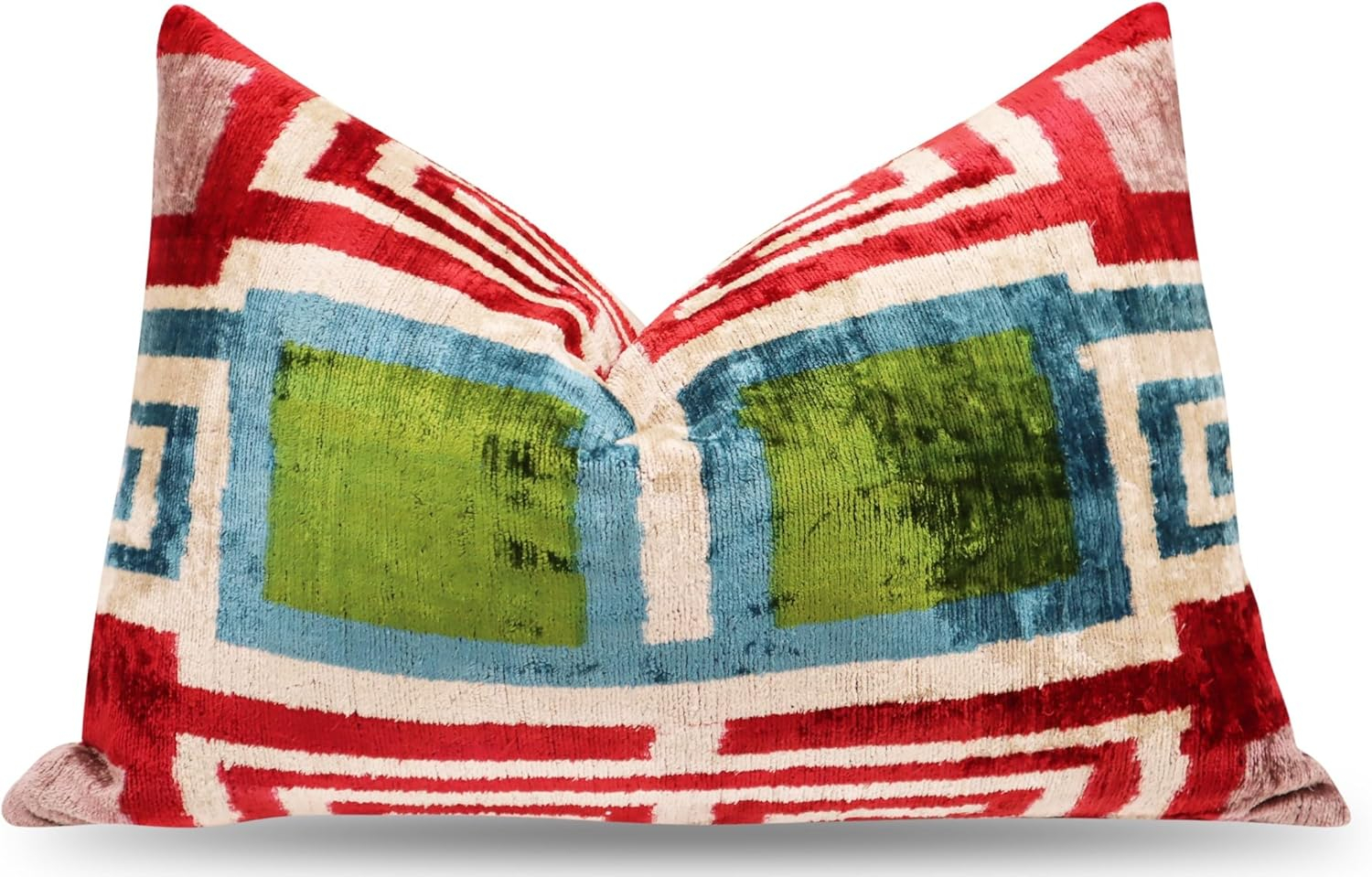 Handmade Luxury Velvet Throw Pillow with Down Feather Insert, 16"x24", Red, Green, Blue, and Cream Geometric Pattern, Decorative Cushion for Living Room, Bedroom, and Home Décor