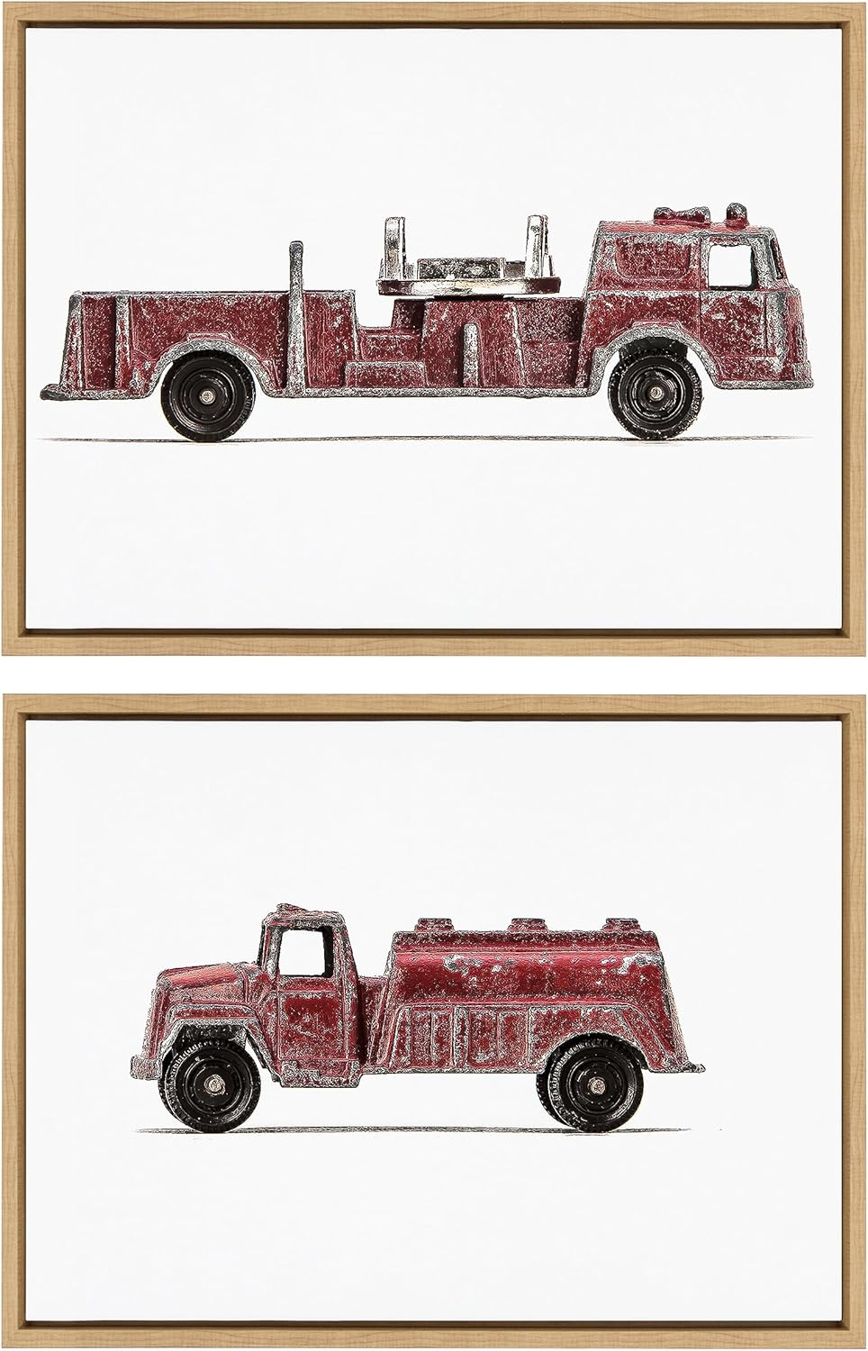 Kate and Laurel Sylvie Red Vintage Toy Fire Engine and Red Vintage Toy Water Truck Framed Canvas Wall Art Set by Saint and Sailor Studios, 2 Piece 18x24 Natural, Retro Kid Vehicle Art for Wall