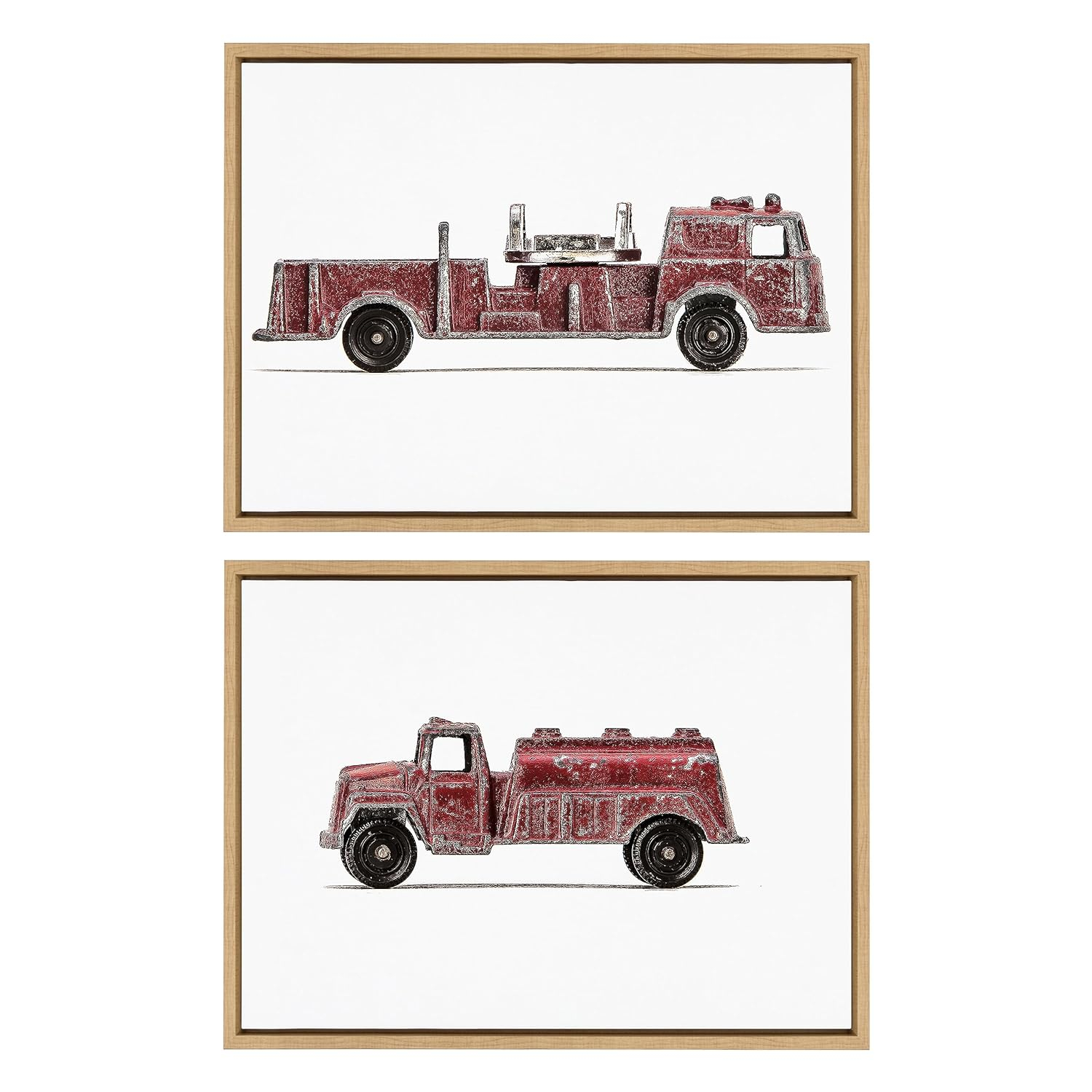 Kate and Laurel Sylvie Red Vintage Toy Fire Engine and Red Vintage Toy Water Truck Framed Canvas Wall Art Set by Saint and Sailor Studios, 2 Piece 18x24 Natural, Retro Kid Vehicle Art for Wall