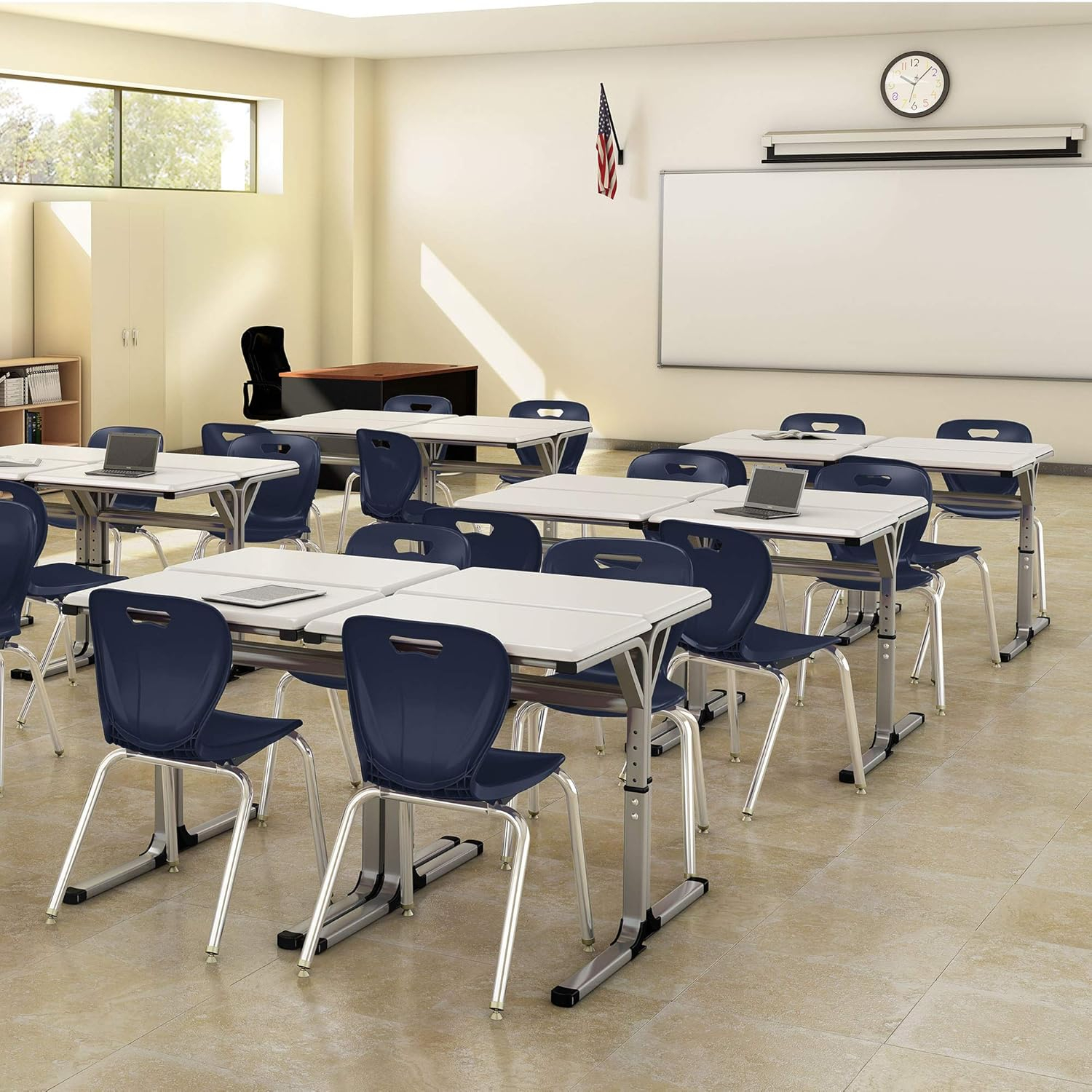 Navy Metal Stacking School Chairs with Contoured Seats, Set of 4