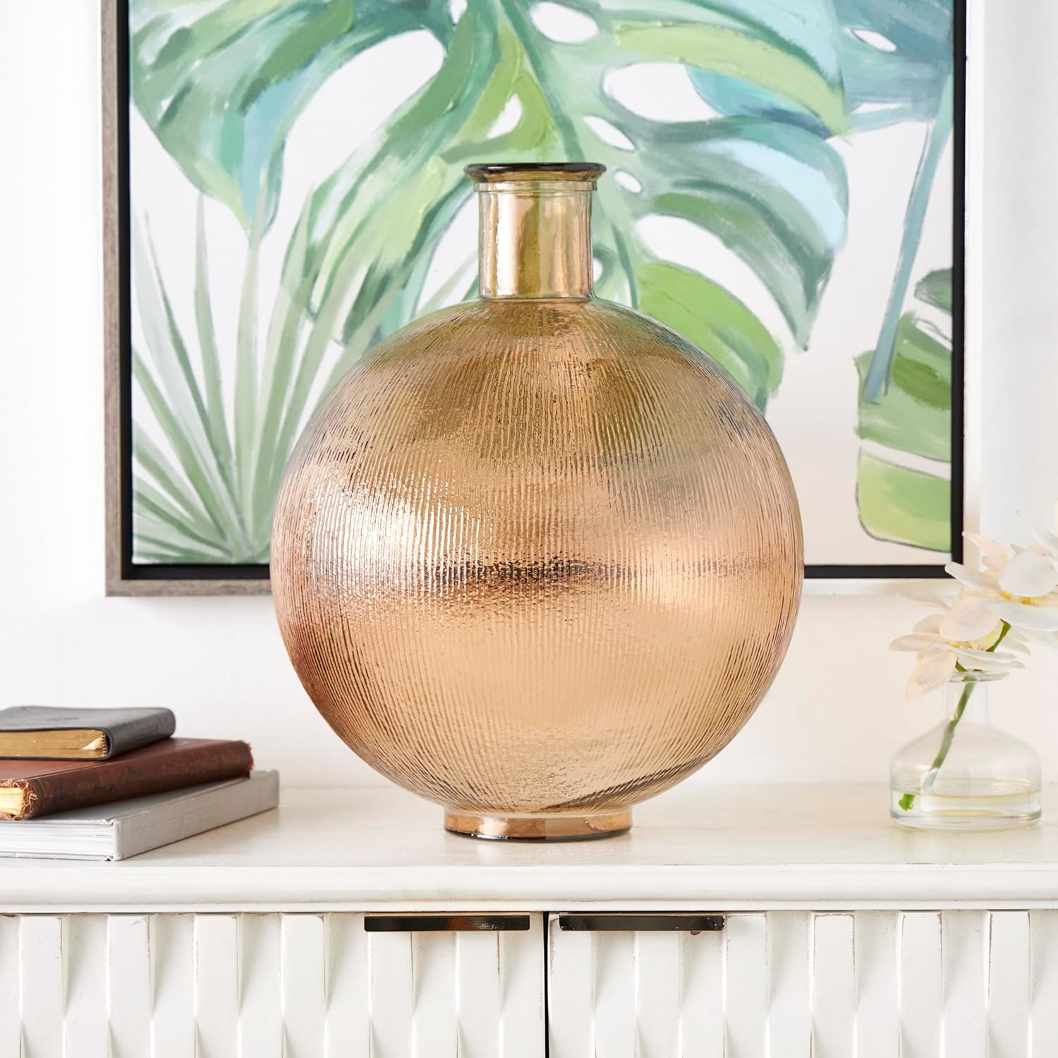 Deco 79 Recycled Glass Handmade Decorative Vase Spanish Bottle Neck Ribbed Centerpiece Vase, Flower Vase for Home Decoration 13" x 13" x 17", Brown