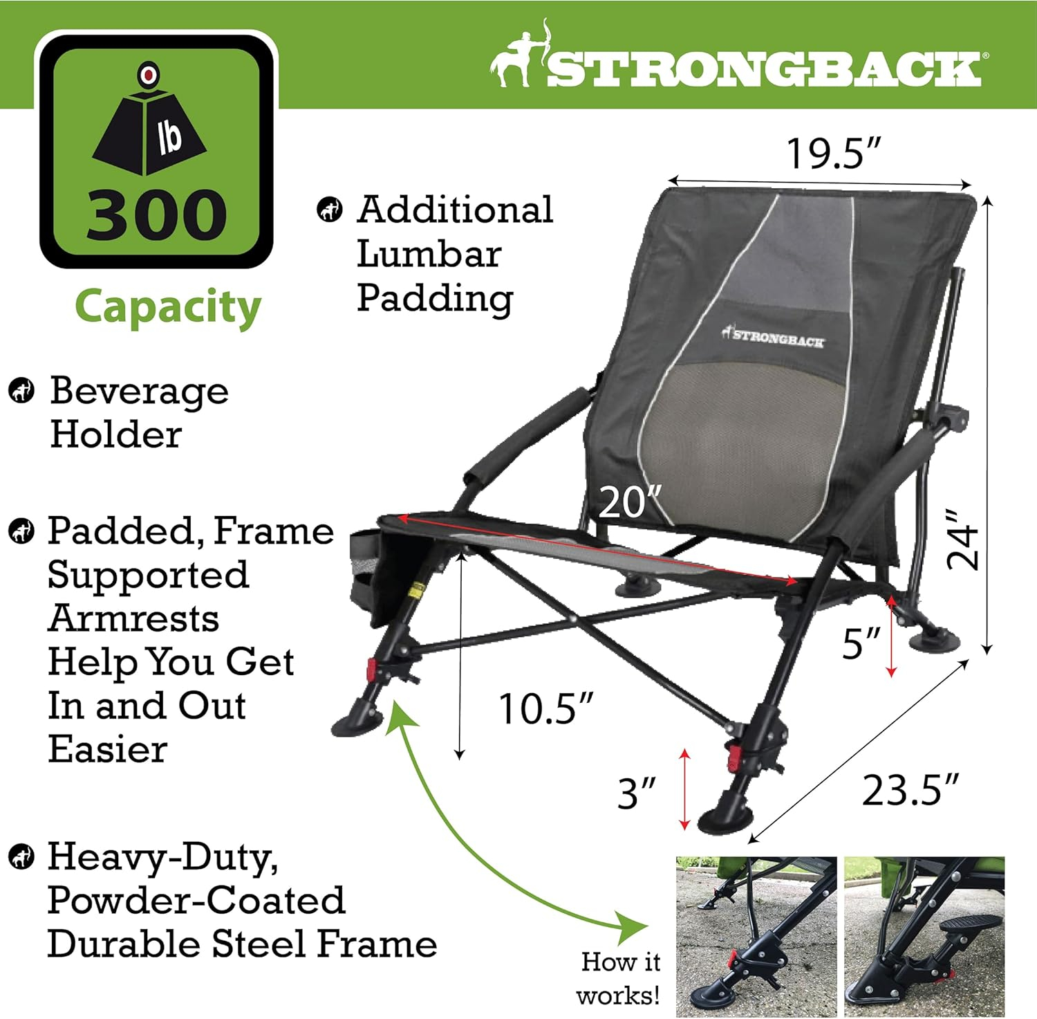Strongback Low G Recliner Beach Chair with Lumbar Support, Black/Grey