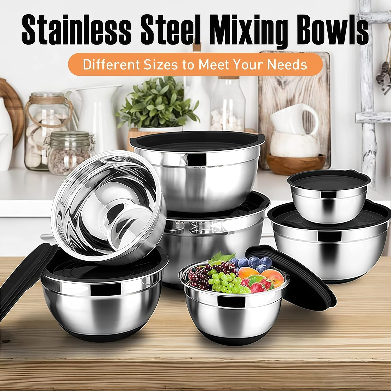 6-Piece Black Stainless Steel Mixing Bowl Set with Lids and Graters