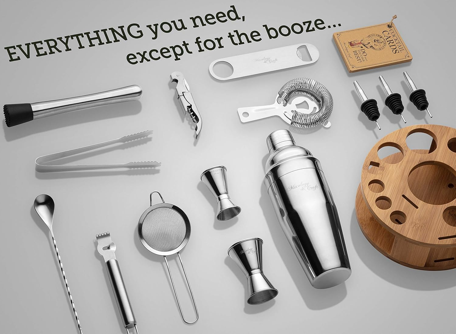 Mixology & Craft Bartender Kit – 15-Piece Cocktail Shaker Set with Bar Tools, Premium Stainless Steel Drink Mixer Accessories for Home Bar, Includes Bamboo Stand, Plus Exclusive Recipe Cards (Silver)
