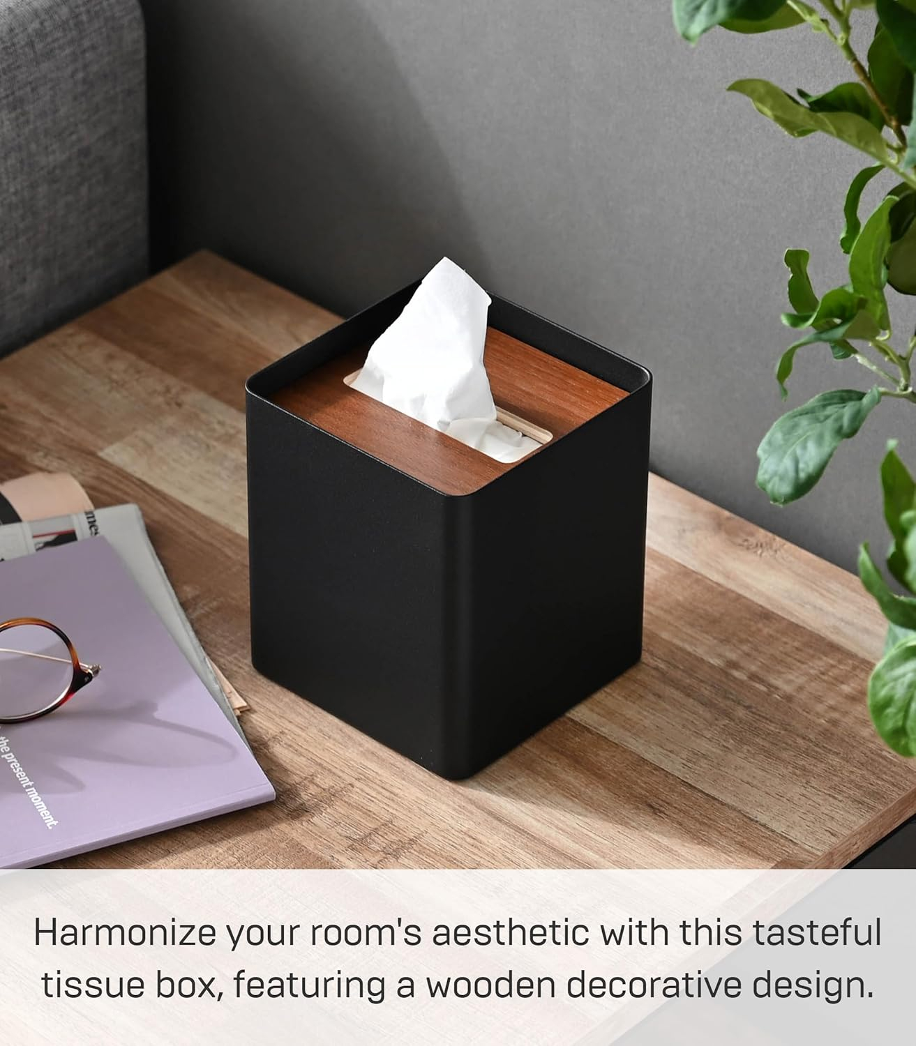Yamazaki Home Tissue Box Cover - Square, Walnut, Steel, Lid, No Assembly