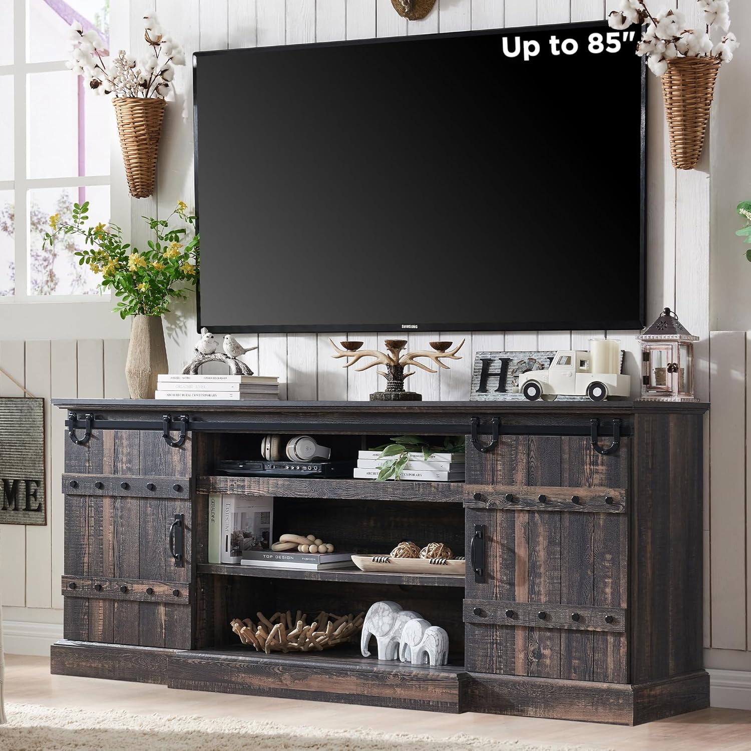 OKD 75" Wide Farmhouse Barn Door TV Stand for TVs up to 85", Entertainment Center with Wood Barn Door Storage Console, Dark Rustic Oak