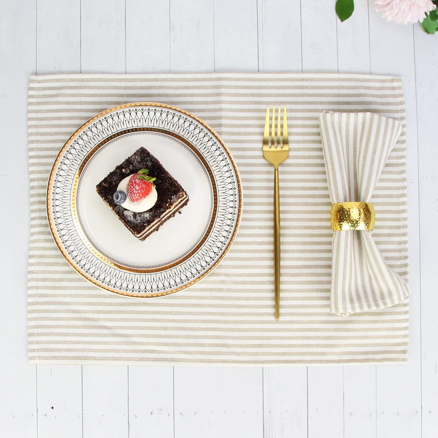 Plain Striped Cotton Linen Blended Dinner Cloth Napkins - Set of 12 (40 x 30 cm) - for Events & Home Use (Beige)