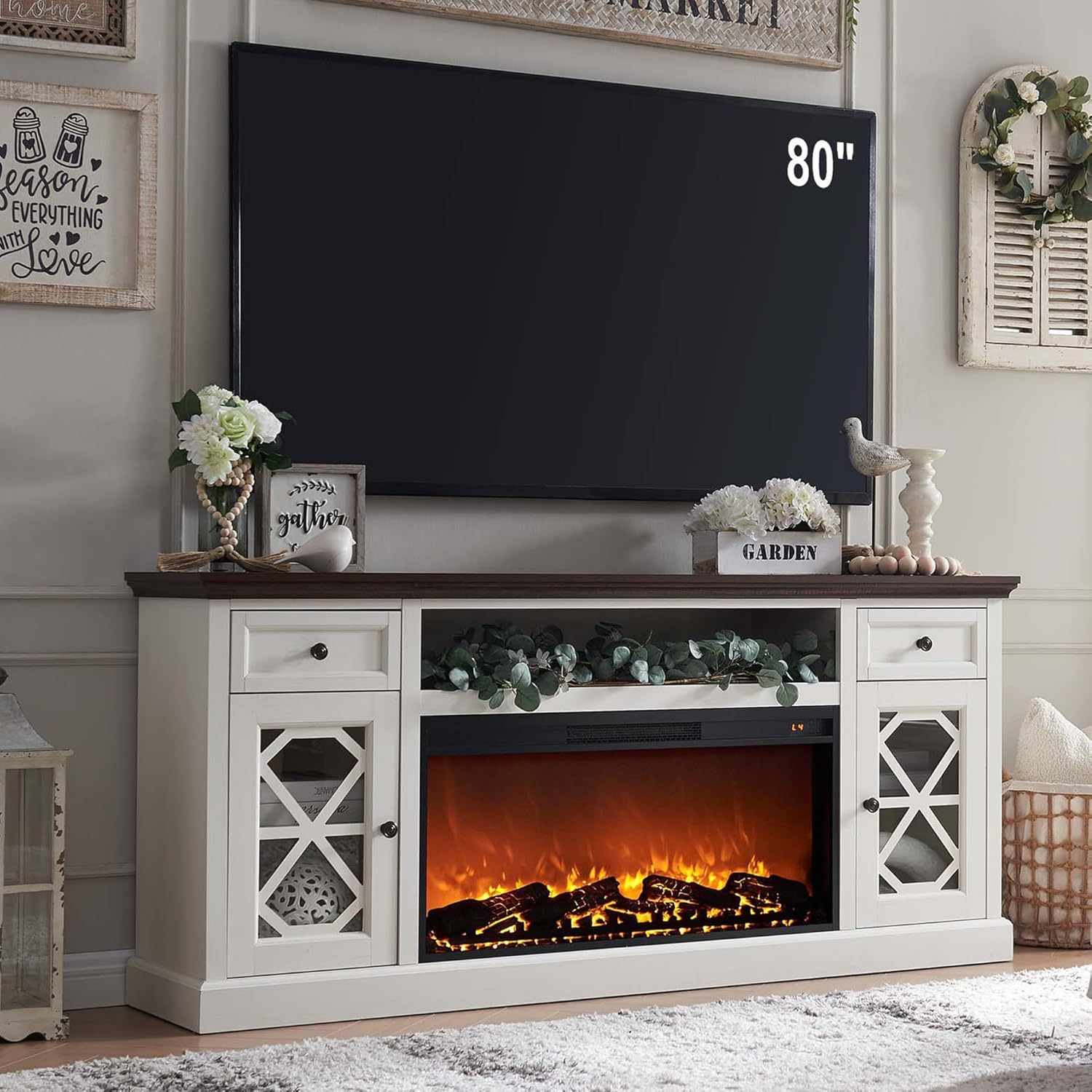 SinCiDo Farmhouse Fireplace TV Stand 75 Inch, Electric Fireplace TV Stand Up to 80 Inch TVs, Entertainment Center with Fireplace for Living Room