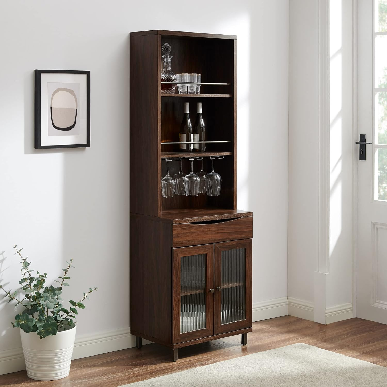 Walker Edison 72” Contemporary Wine Storage Hutch Bar Cabinet, Dark Walnut