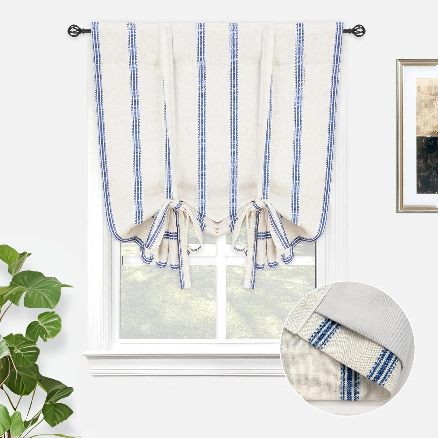 DriftAway Farmhouse Double Layer Linen Blackout Tie Up Curtains Thermal Insulated Vertical Striped Fully Lined Balloon Roman Shade Bathroom Window Adjustable Rod Pocket 25 Inch by 47 Inch Navy