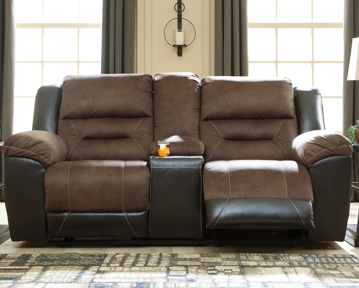Chestnut Faux Leather Reclining Loveseat with Cup Holder and Pillow Back