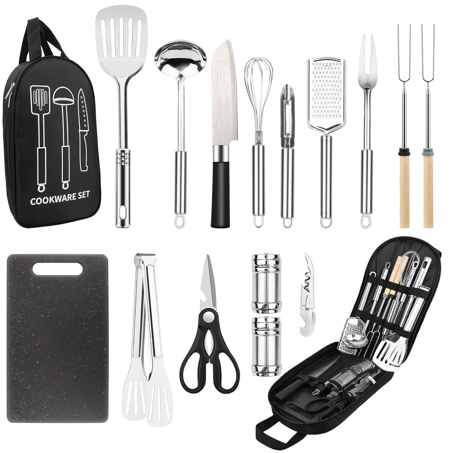 Camping Cooking Utensils Set, Stainless Steel Grill Tools, Camping BBQ Cookware Gear and Equipment for Travel Tenting RV Van Picnic Portable Kitchen Essentials Accessories