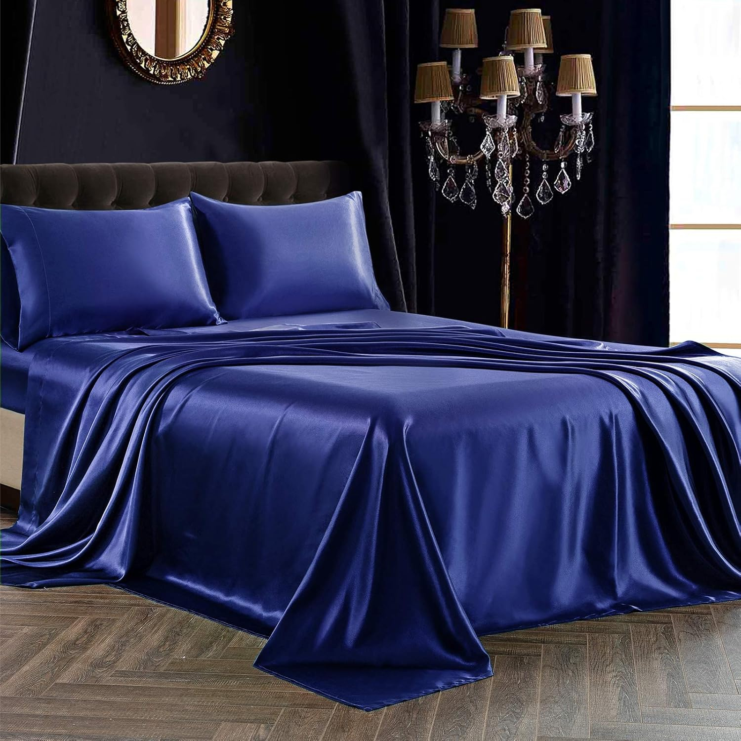 SiinvdaBZX 4Pcs Satin Sheet Set Queen Size Ultra Silky Soft Navy Blue Satin Queen Bed Sheets with Deep Pocket, 1 Fitted Sheet, 1 Flat Sheet, 2 Envelope Closure Pillowcases