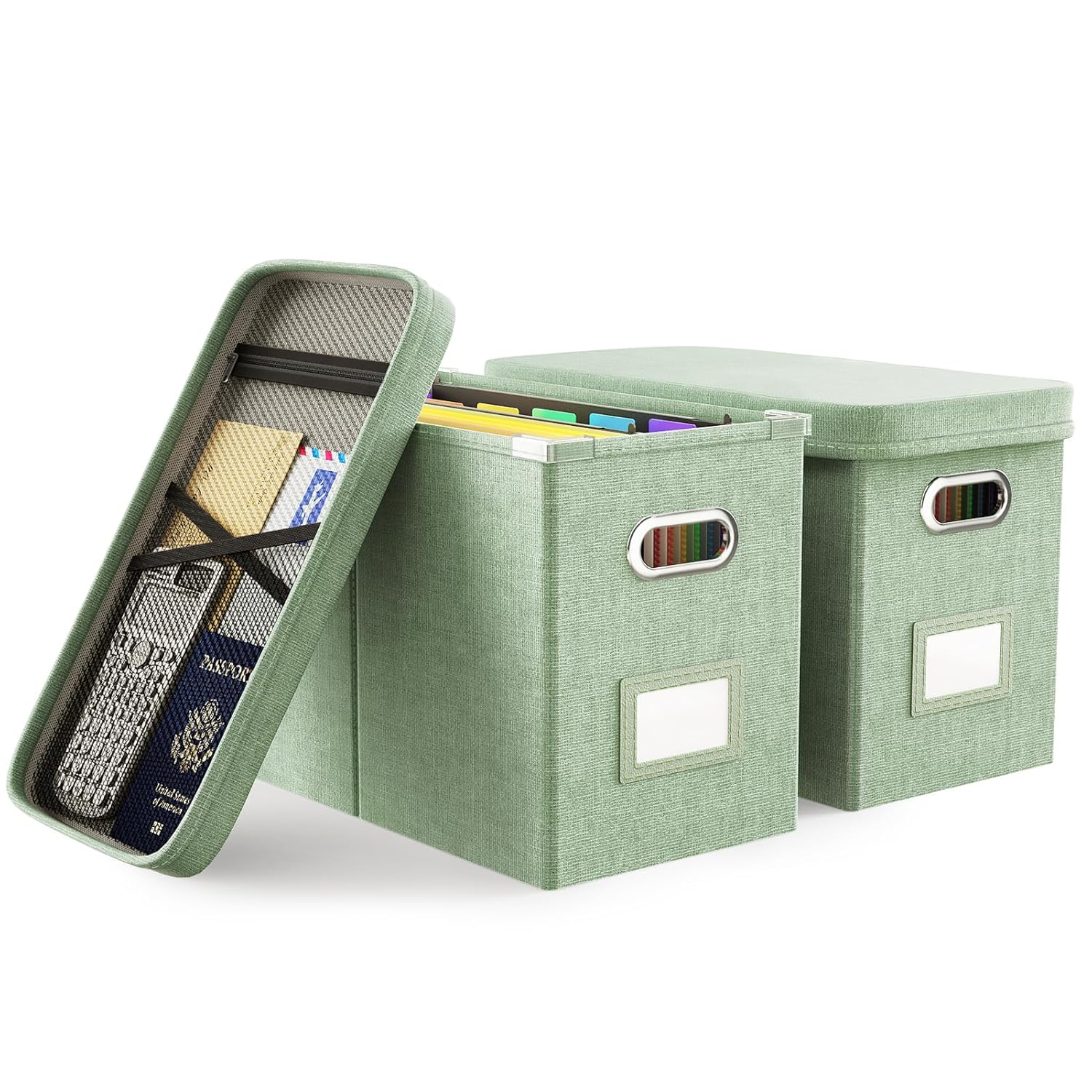 Oterri Hanging Filing File Box with Mesh Pocket, File Organizer Box with Lid, Collapsible Document Organizer Box for Letter Size, Easy Slide Durable Storage Box for Office/Decor/Home (2 PCS, Green)