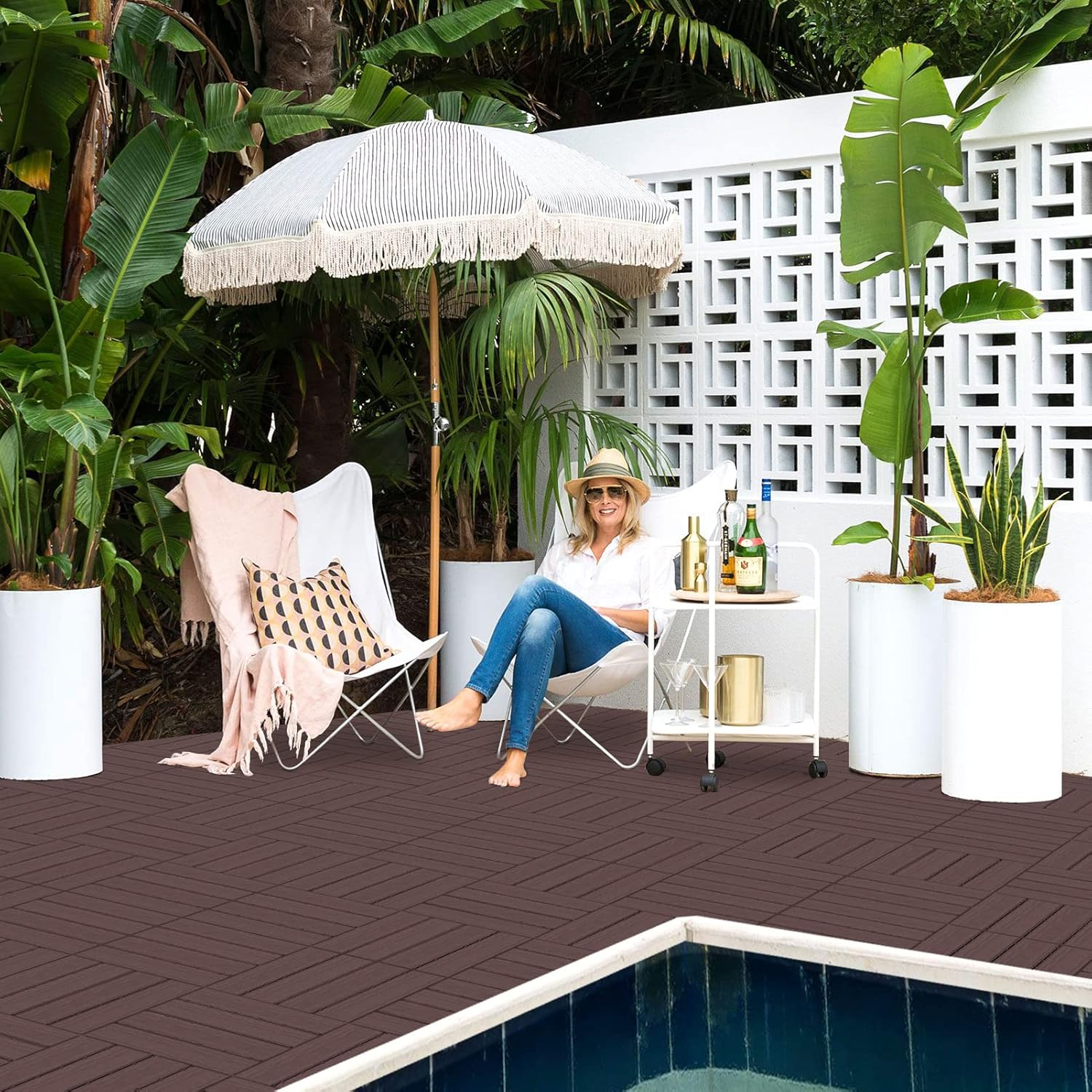 Goovilla 27 sq. ft Plastic Interlocking Deck Tiles，27PCS Waterproof Patio Balcony Flooring, 12"x12" Outdoor Interlocking Deck Tile for All Weather Porch Poolside Grass Dirty, Decking Tiles, Dark Brown