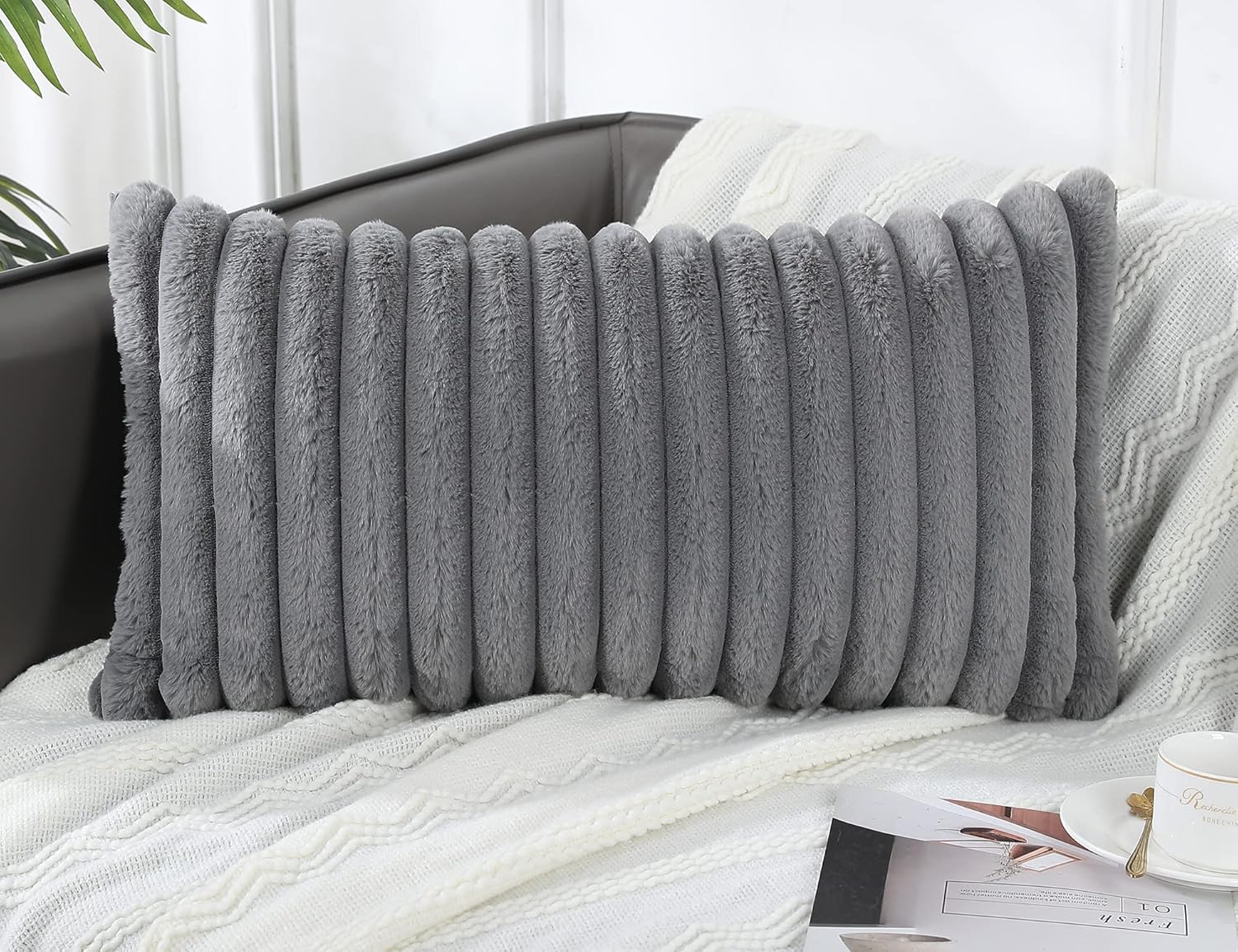 PANOD Faux Fur Decorative Lumbar Throw Pillow Covers 12 x 24,Long Boho Lumbar Pillow Covers Pillow Case Cushion Case for Bed Sofa Farmhouse Livingroom,Grey