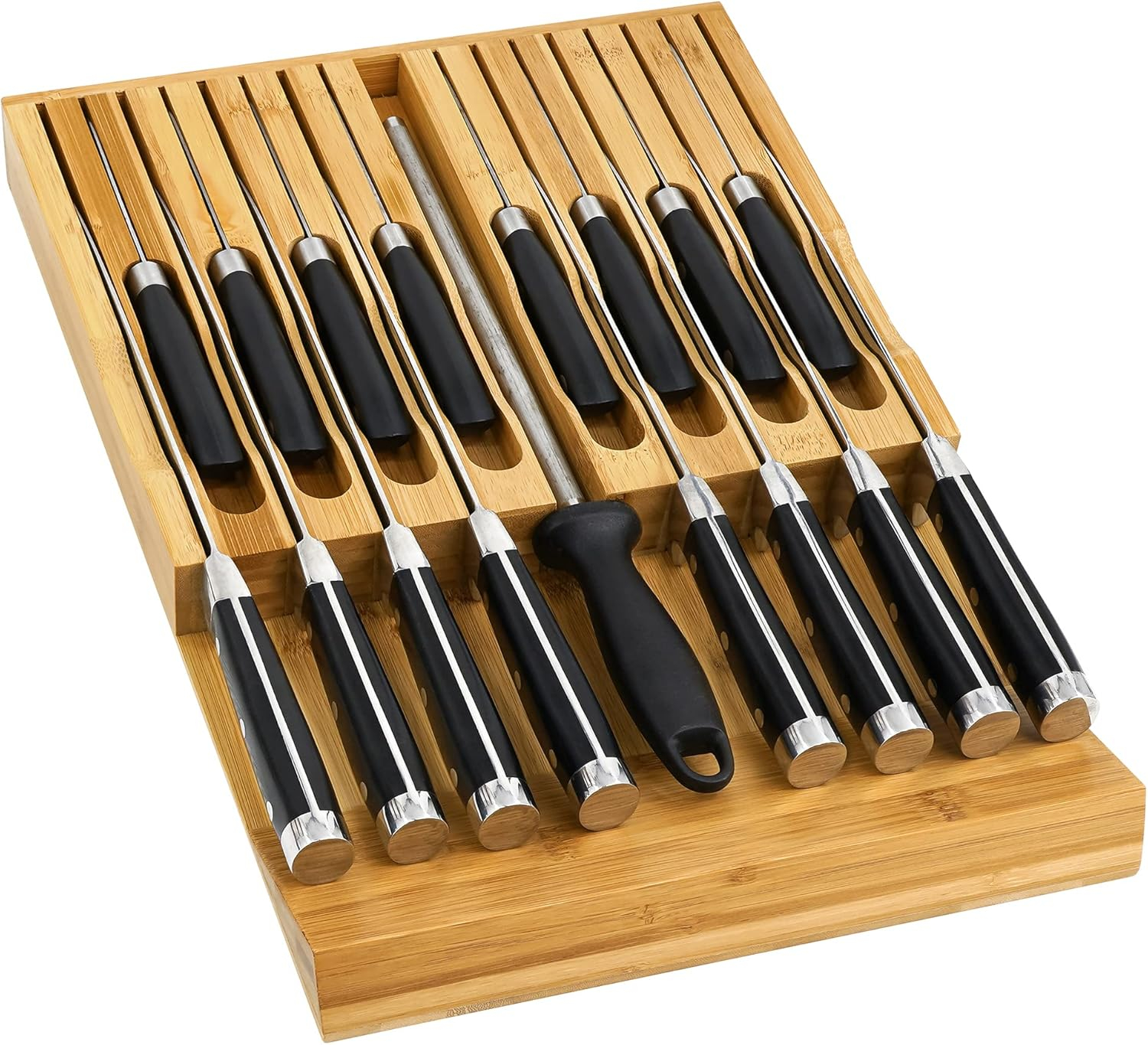 In-Drawer Knife Block,Bamboo Knife Drawer Organizer Insert, Kitchen Knife Drawer Storage for 16 Knives a Slot for your Knife Sharpener (Without Knives)