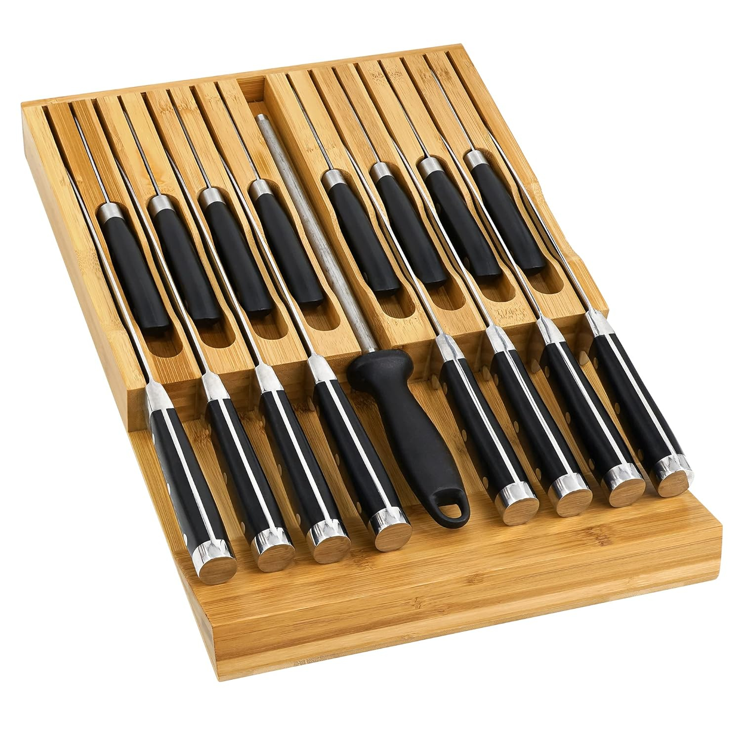 In-Drawer Knife Block,Bamboo Knife Drawer Organizer Insert, Kitchen Knife Drawer Storage for 16 Knives a Slot for your Knife Sharpener (Without Knives)