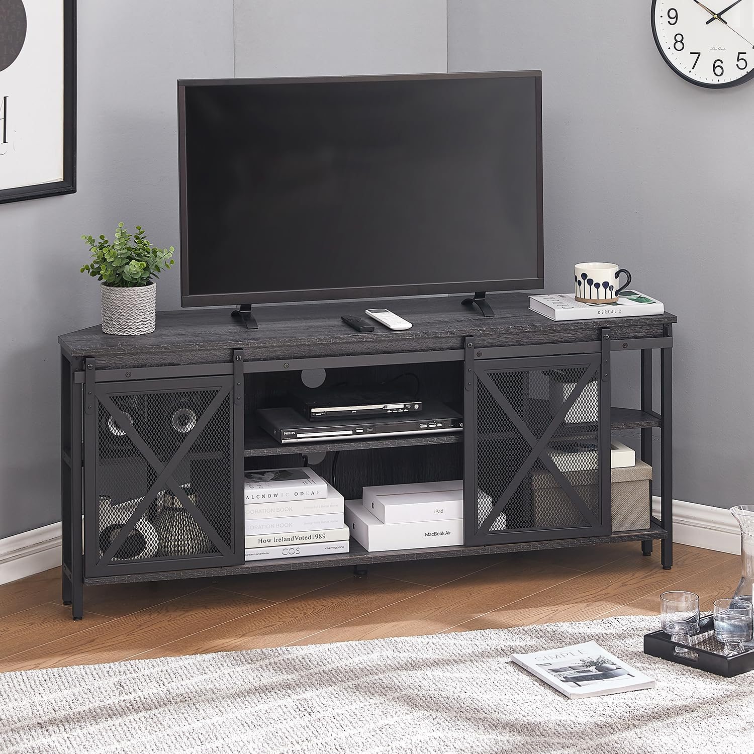 Dextrus Farmhouse Corner TV Stand for TVs up to 55 inch with Power Outlet, Wood Entertainment Center, TV Media Console with Storage, White Oak