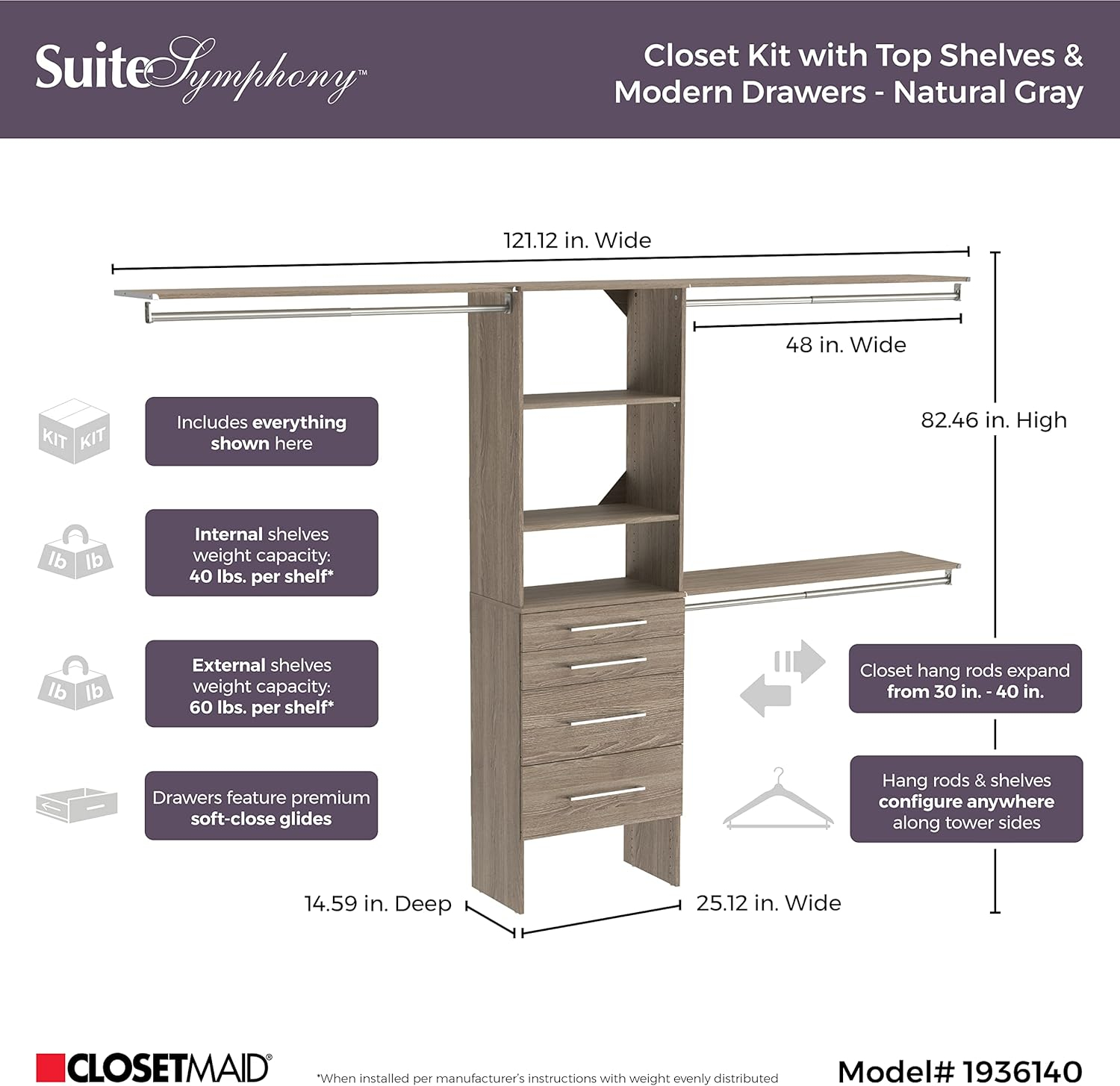 Closetmaid Ss25-Cos4dr-M Suitesymphony 7 To 10 Foot Wide Closet System Kit - Grey