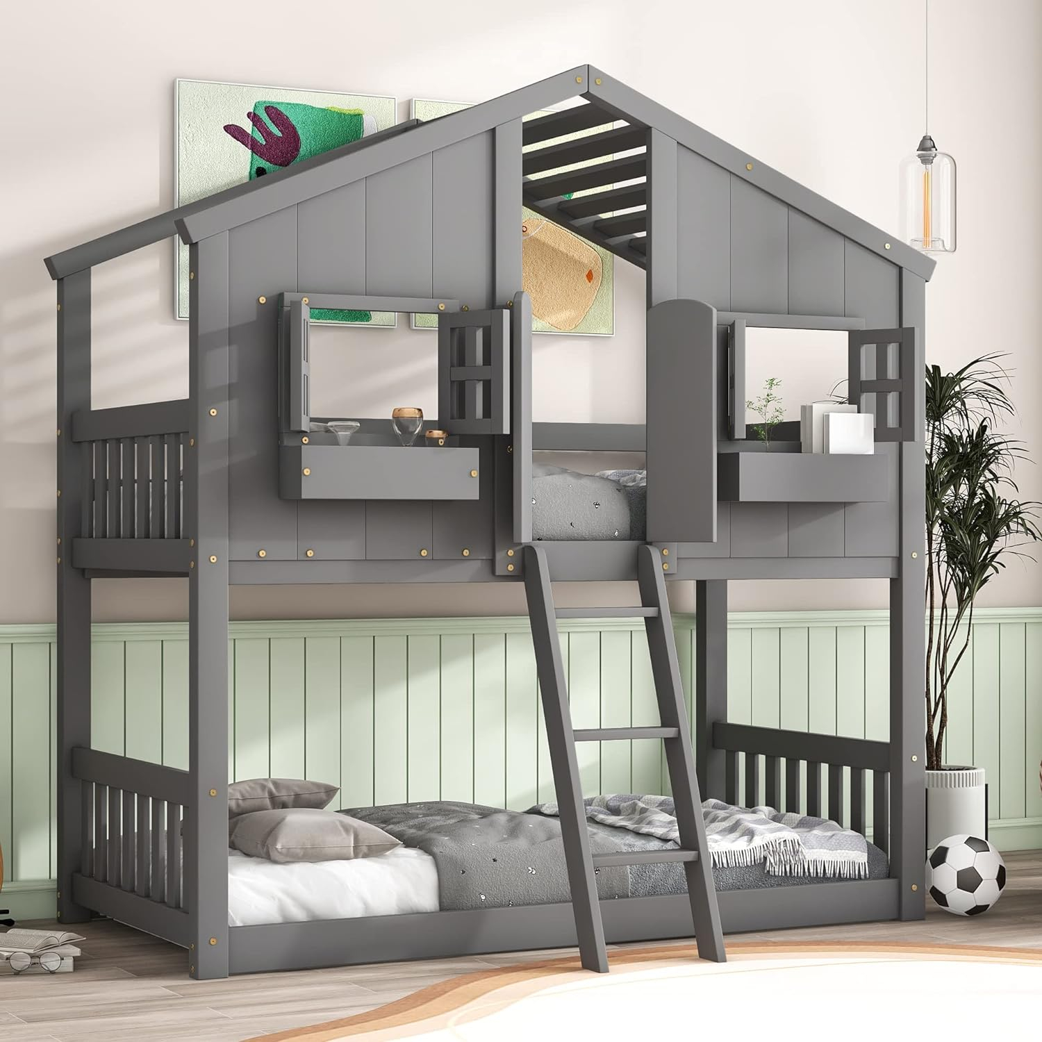 HighSound Twin Over Twin House Bunk Bed Frame with Roof, Window, Ladder and Safety Guardrails for Boys Girls, White & Pink