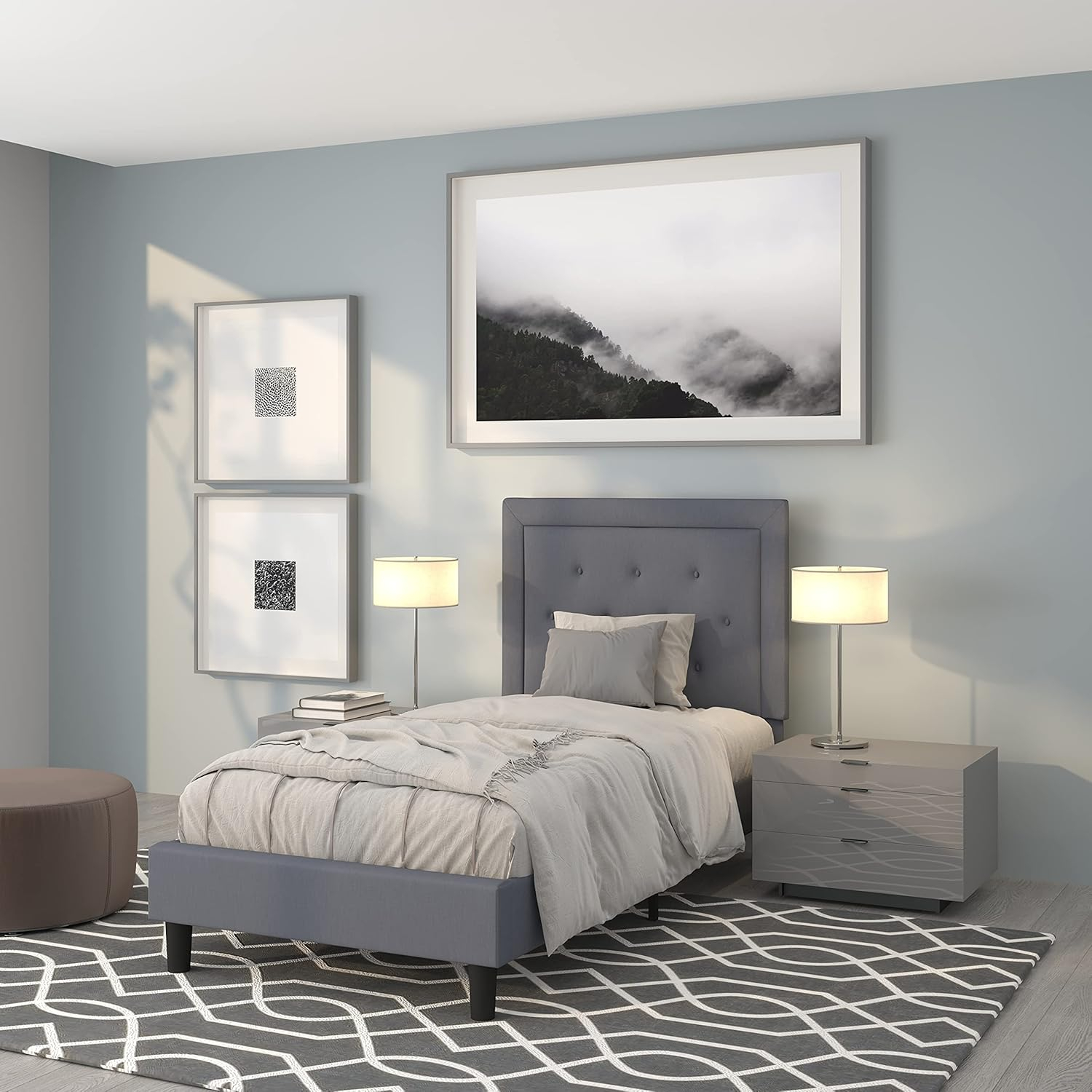 Flash Furniture Roxbury Twin Size Tufted Upholstered Platform Bed in Light Gray Fabric