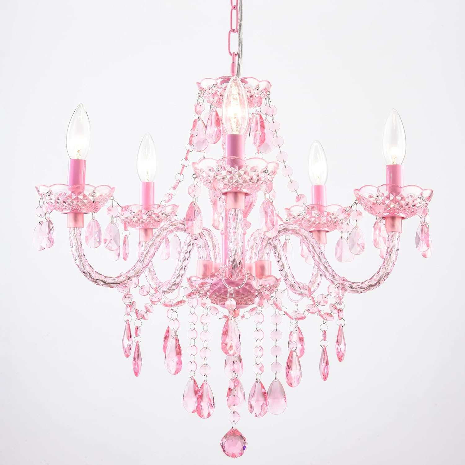 Plug-in 5 Lights Pink Crystal Hanging Pendant Light Acrylic Chandelier with Clear Cord & On/Off Switch H19 D19.7 for Kitchen Island Girls' Room Dining Area Laundry Pavilion.