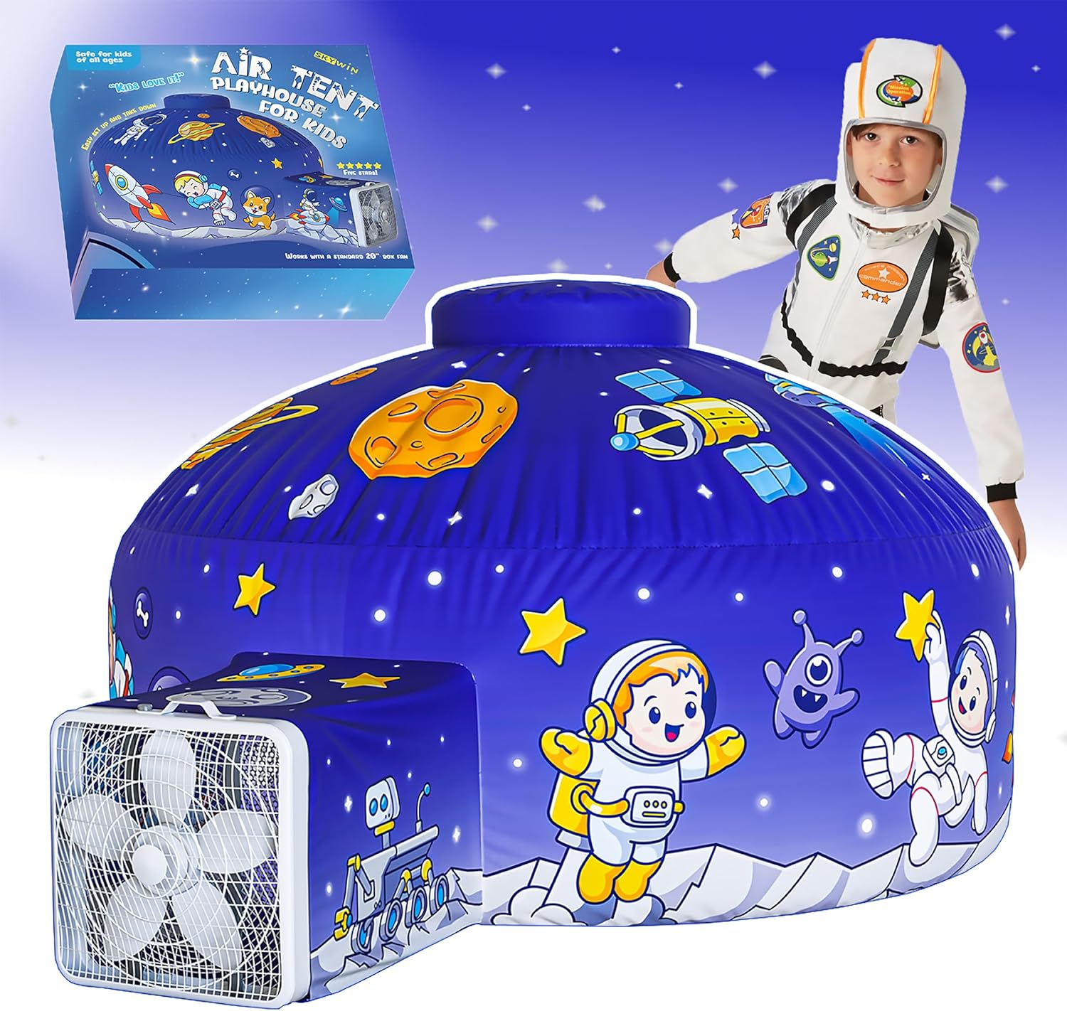 Skywin Air Tent Playhouse for Kids - 77x50 Inches Inflatable Kids Tent Sets Up and Stores Away in Seconds (Fan NOT Included) (Space)