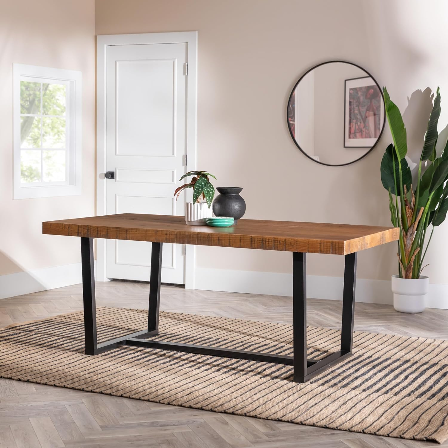 Rustic Oak 72" Solid Wood Dining Table with Black Base