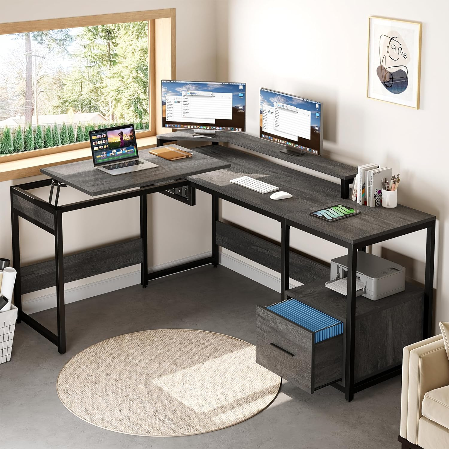 L Shaped Computer Desk with File Drawer, 65" L Shaped Desk with Monitor Stand, Height Adjustable Standing Desk , Gray