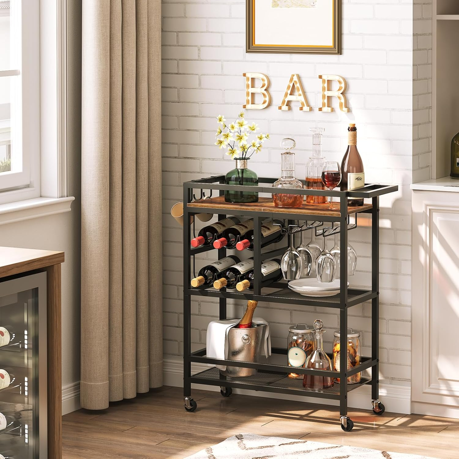 Bar Cart for Home, 3-Tier Serving Cart with Wheels and Handle, Beverage Cart with Wine Rack and Glass Holders, Rolling Wine Cart for Kitchen, Dining Room, Rustic Brown RCHR6101