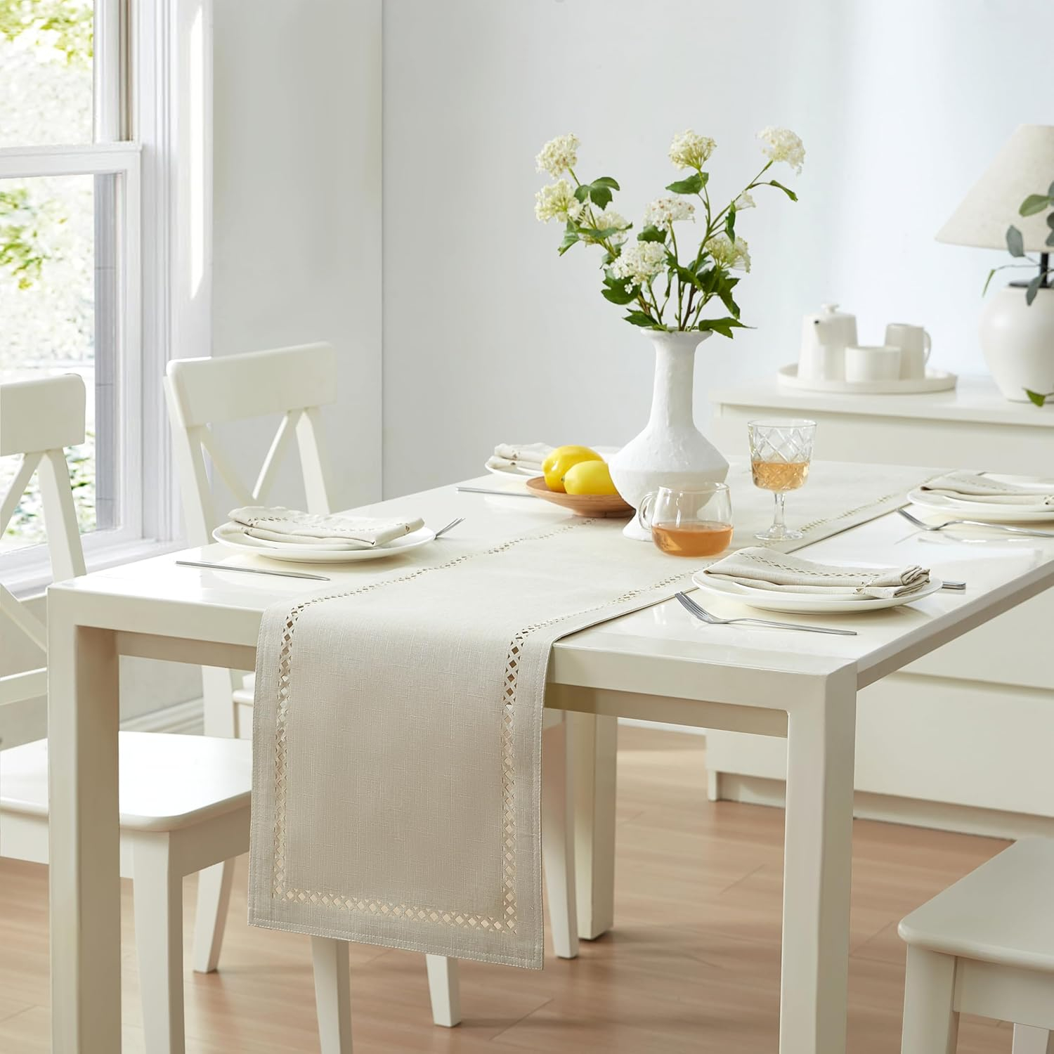 Newbridge Provence Lattice Cutwork Solid Color Textured Fabric Table Runner, 70 Inch Long, Ivory