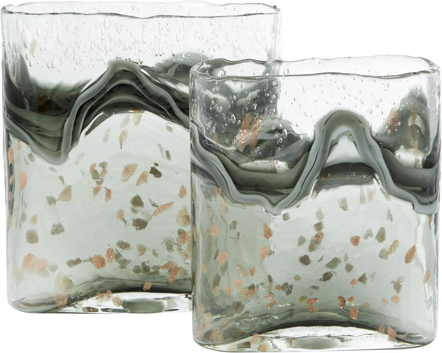 DecMode 9", 8"H Handmade Blown Gray Glass Vase with Speckled Wave Design, Set of 2
