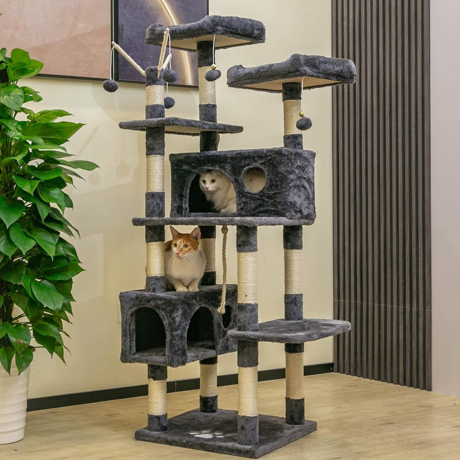 Cat Tree Tower for Indoor Cats,64 inches Large Multi-Level Cat Activity Center with Condos,Scratching Posts,Removable Fur Ball Sticks(Dark Grey002)