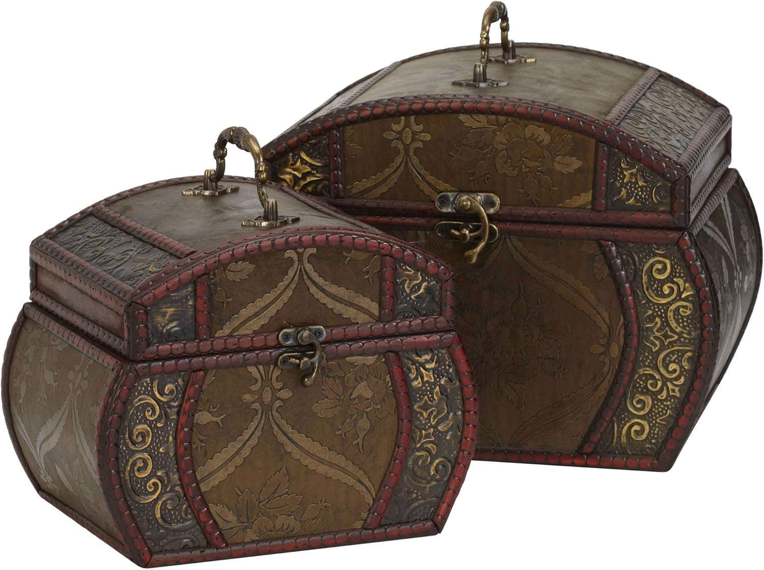 Elegant Brown and Wine Floral Wooden Decorative Chest Set