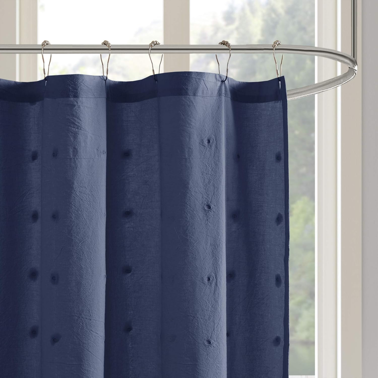 Urban Habitat Brooklyn Cotton Jacquard Pom Pom Shower Curtain in Indigo Blue