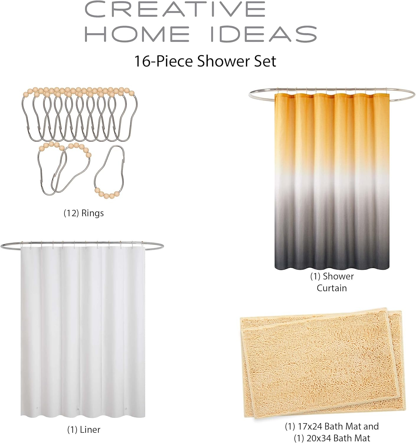 Creative Home Ideas Bathroom Sets with Shower Curtain and Rugs| Shower Curtain Sets with Rugs, Shower Curtain, Liner Set, 2 Chenille Bathmats and 12 Hooks |70 x72| Golden Yellow/White/Grey Ombre