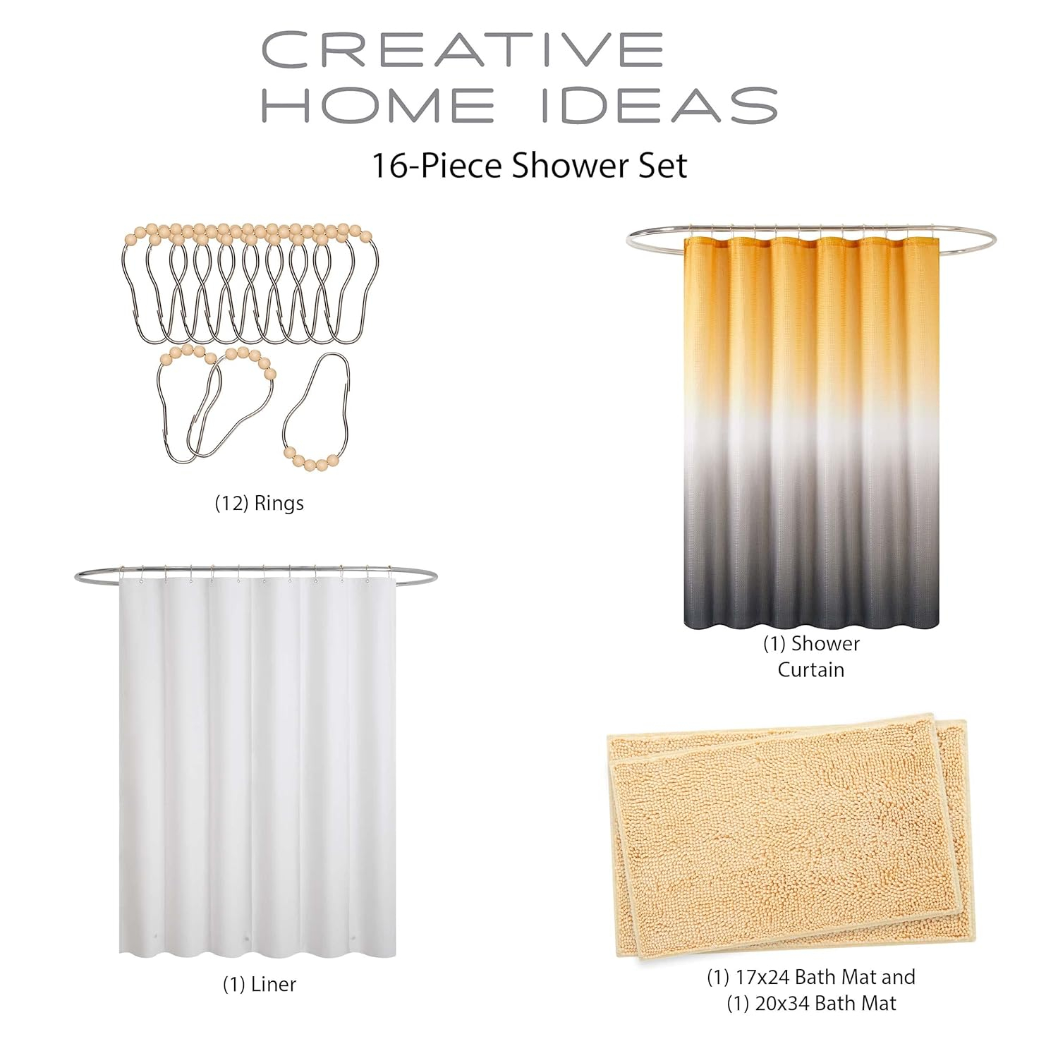 Creative Home Ideas Bathroom Sets with Shower Curtain and Rugs| Shower Curtain Sets with Rugs, Shower Curtain, Liner Set, 2 Chenille Bathmats and 12 Hooks |70 x72| Golden Yellow/White/Grey Ombre