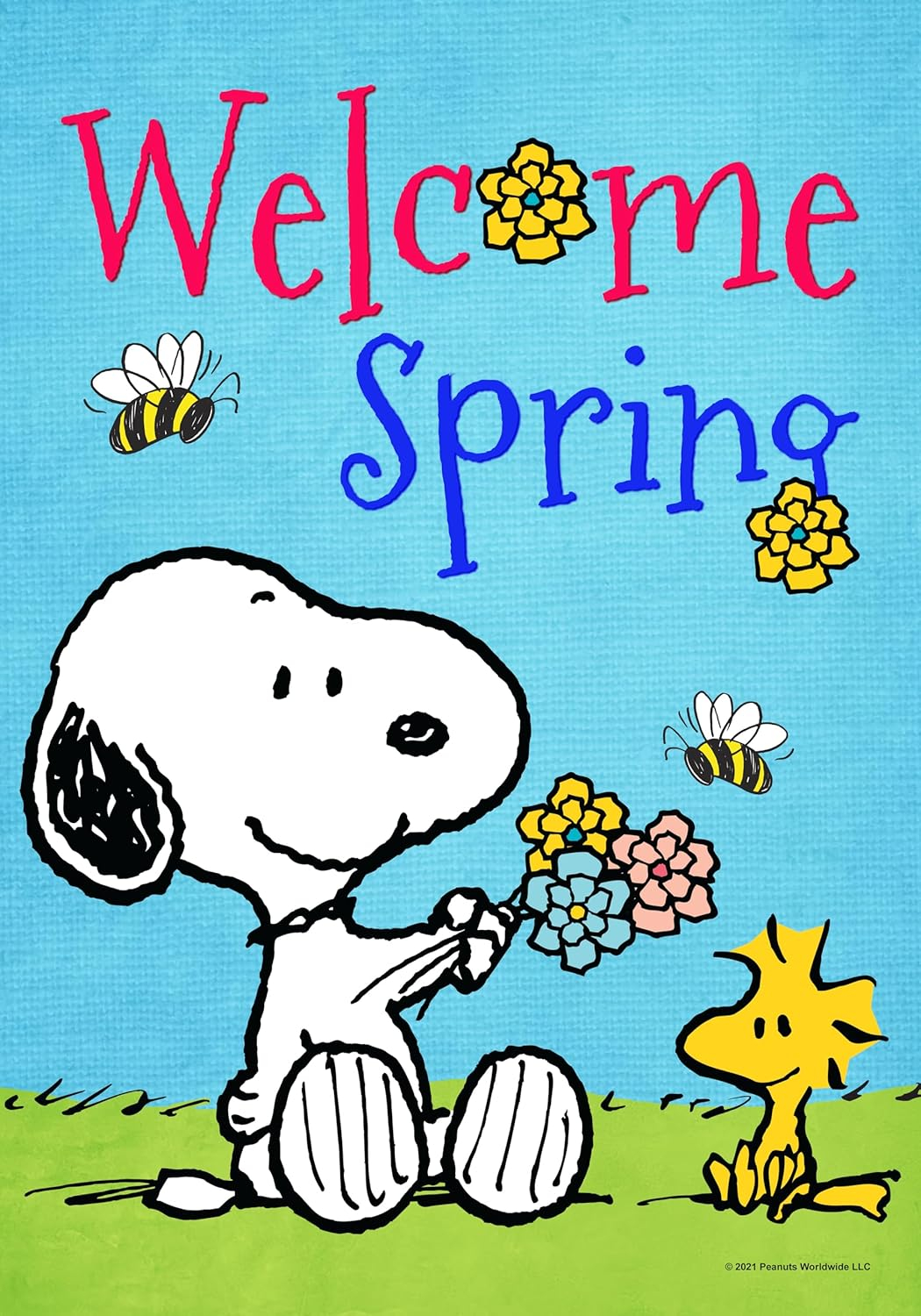 Back Yard Glory PEANUTS Welcome Spring Snoopy and Woodstock Everyday House Flag, 28" x 40", Officially Licensed PEANUTS Product, Flag Stand Sold Separately