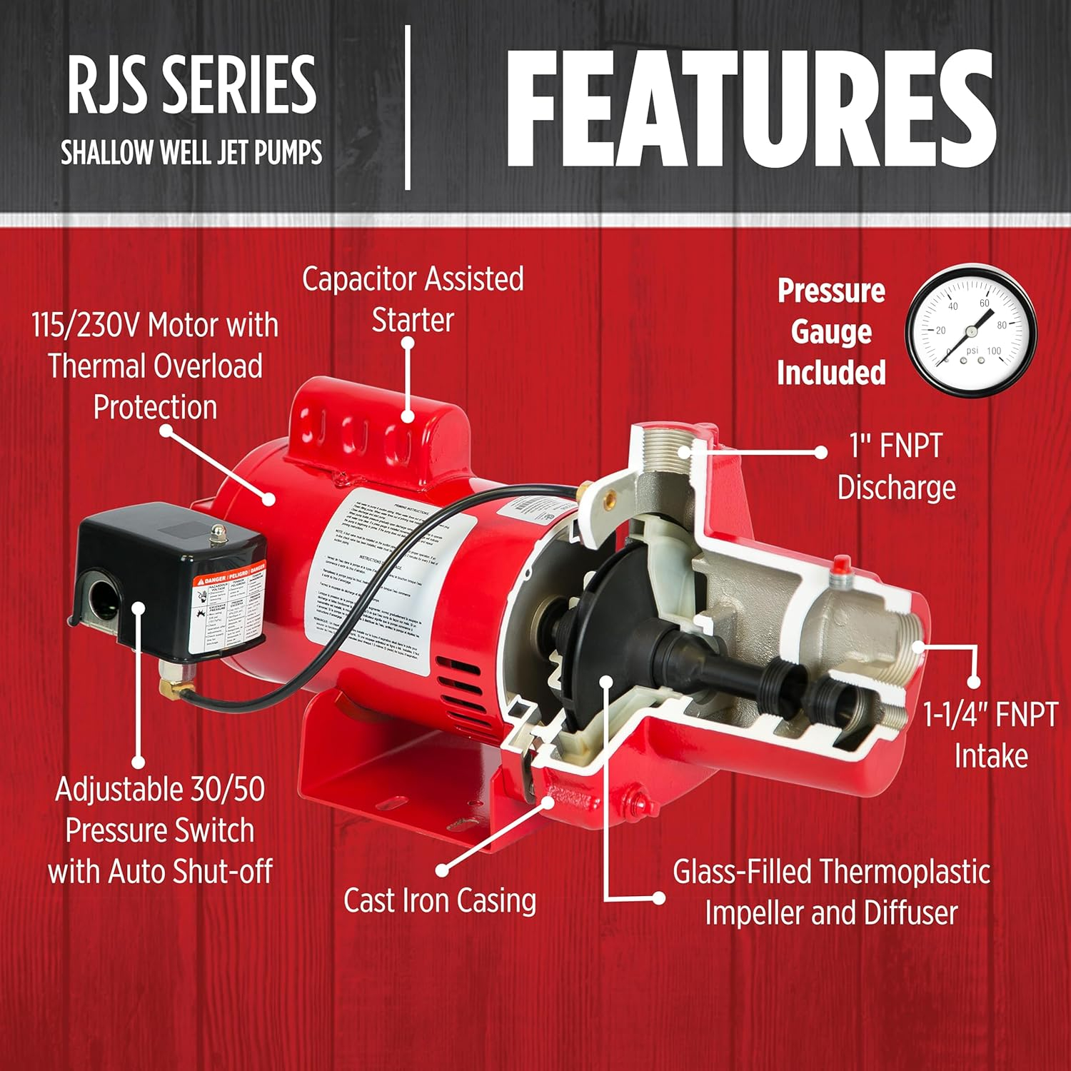 Red Lion RJS-50-PREM .5HP Cast Iron Thermoplastic Shallow Well Jet Pump