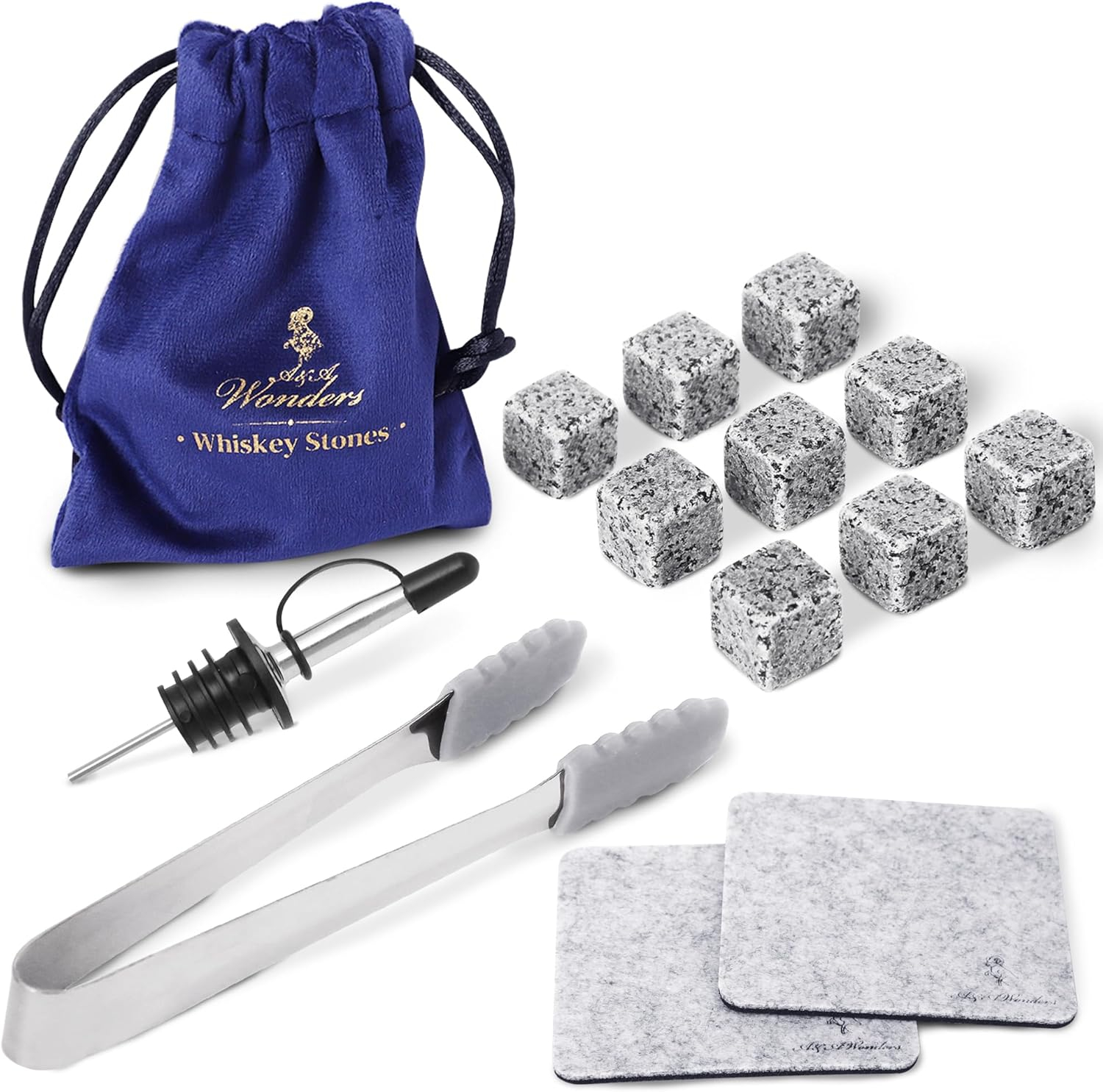 A&A Wonders Premium Whiskey Stones 100% Natural Granite Set of 4 Chilling Rocks Stone Reusable Ice Cubes for Drinks with Velvet Carrying Pouch, Gift for Whiskey Lovers