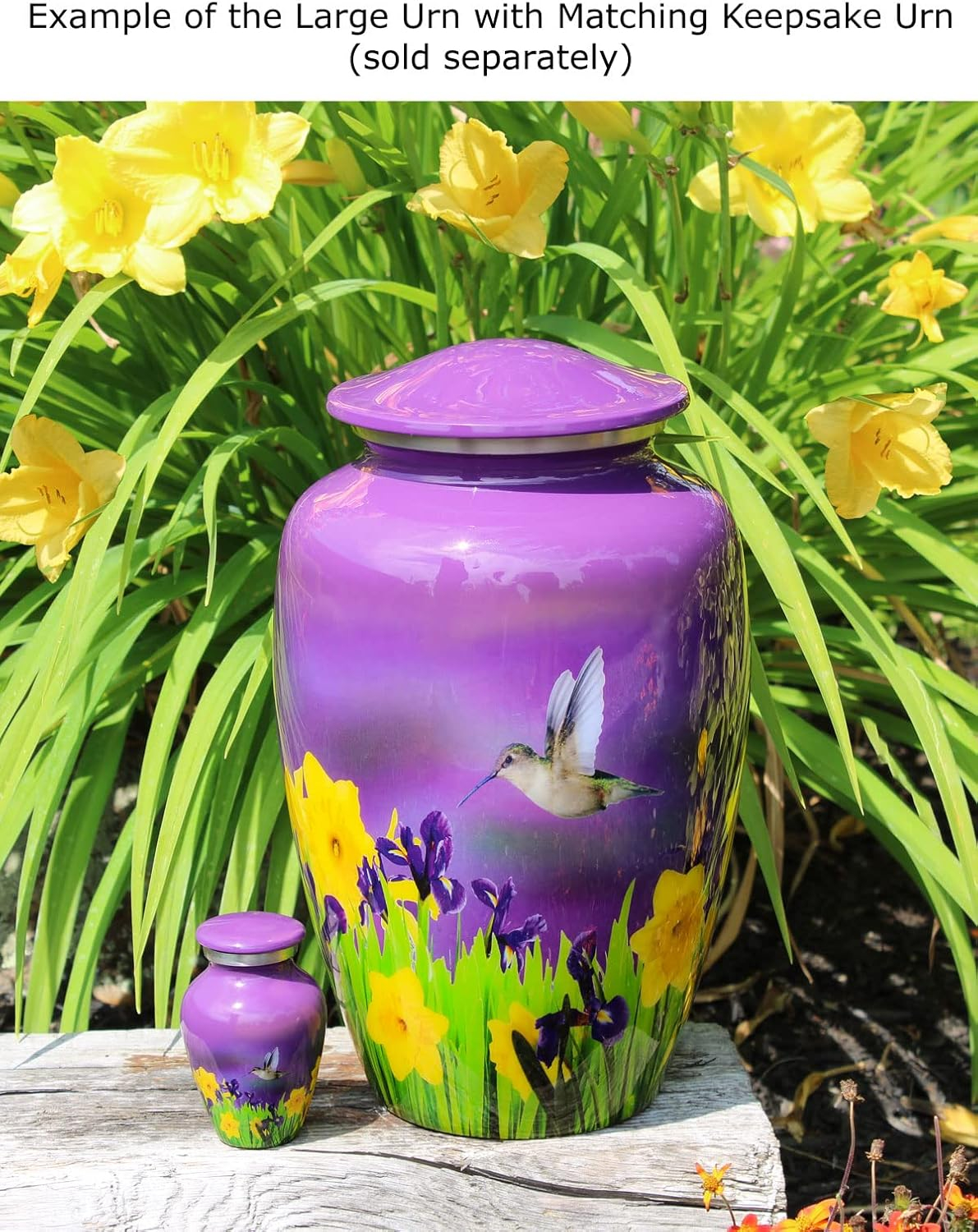 Mystic Hummingbird Adult Urn for Ashes - 200 Cubic Inch Capacity Cremation Urn - Large Metal Urn for Human Ashes - Gorgeous Purple Urn with Yellow Flowers and Gray & Blue Hummingbird