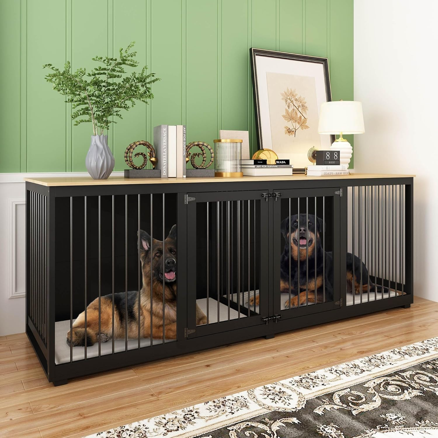 94.5" Extra Large Dog Crate Furniture, Heavy Duty Dog Kennel with a Removable Divider, Indoor Furniture Style Dog Crate House TV Stand with Double Rooms for Large Medium Breed Dogs, Black