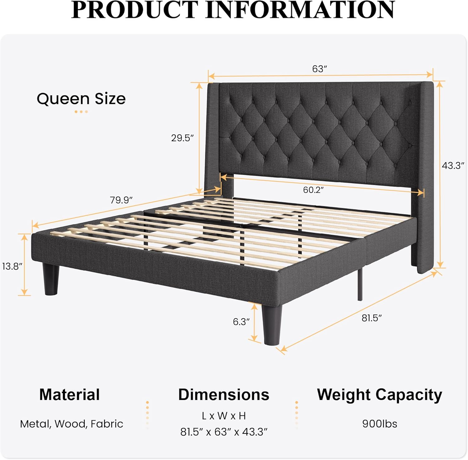SHA CERLIN Queen Size Platform Bed Frame with Upholstered Headboard and Wingback, Button Tufted Design, Easy Assembly, Dark Grey