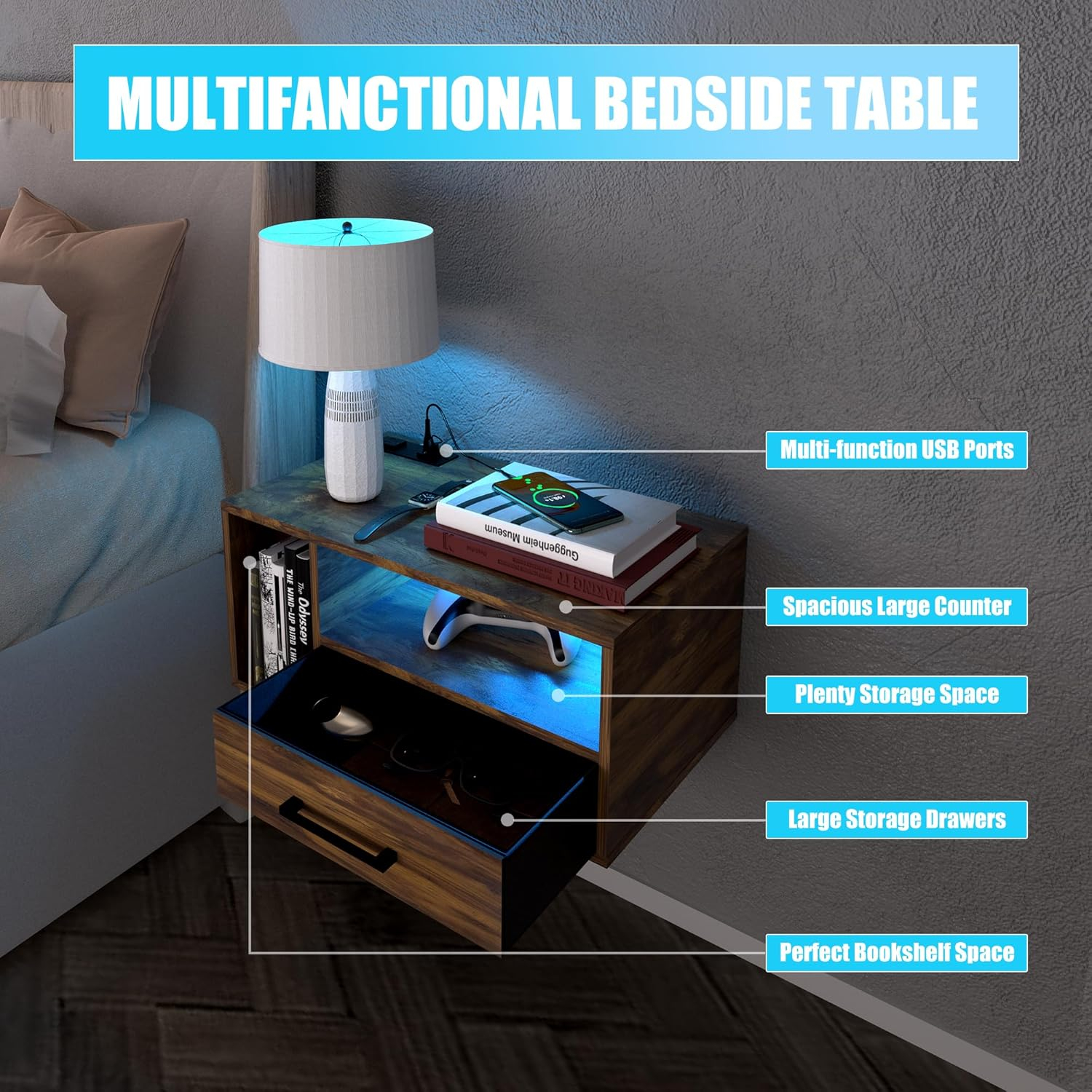 Floating Nightstand with Charging Station and LED Light Strips, 21.3" Night Stand with Drawers, Floating Bedside with USB Ports and Outlets, Bedroom Furniture
