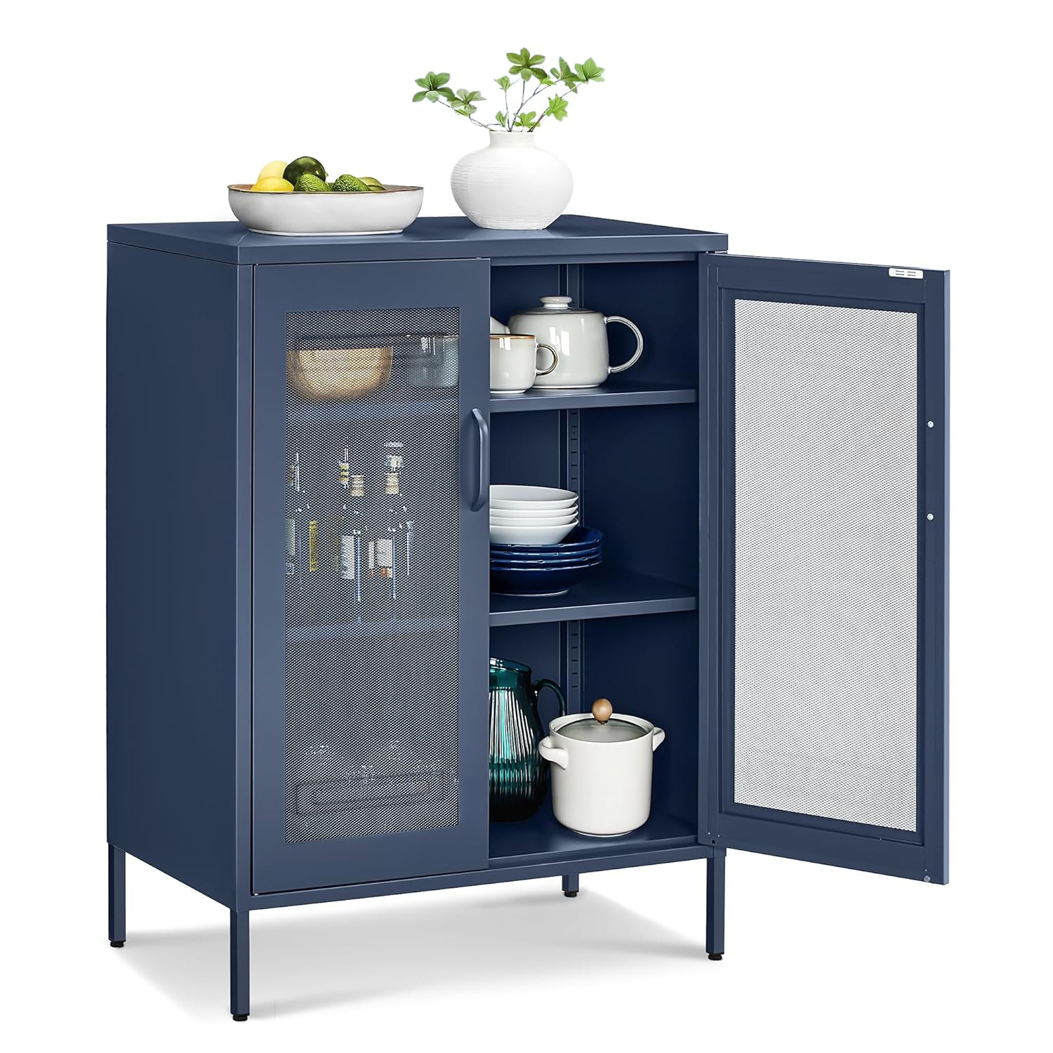 Metal Storage Cabinet with Mesh Doors, Steel Display Cabinets with Adjustable Shelves for Bathroom Home Office, Midnight Blue UOMC002Q03
