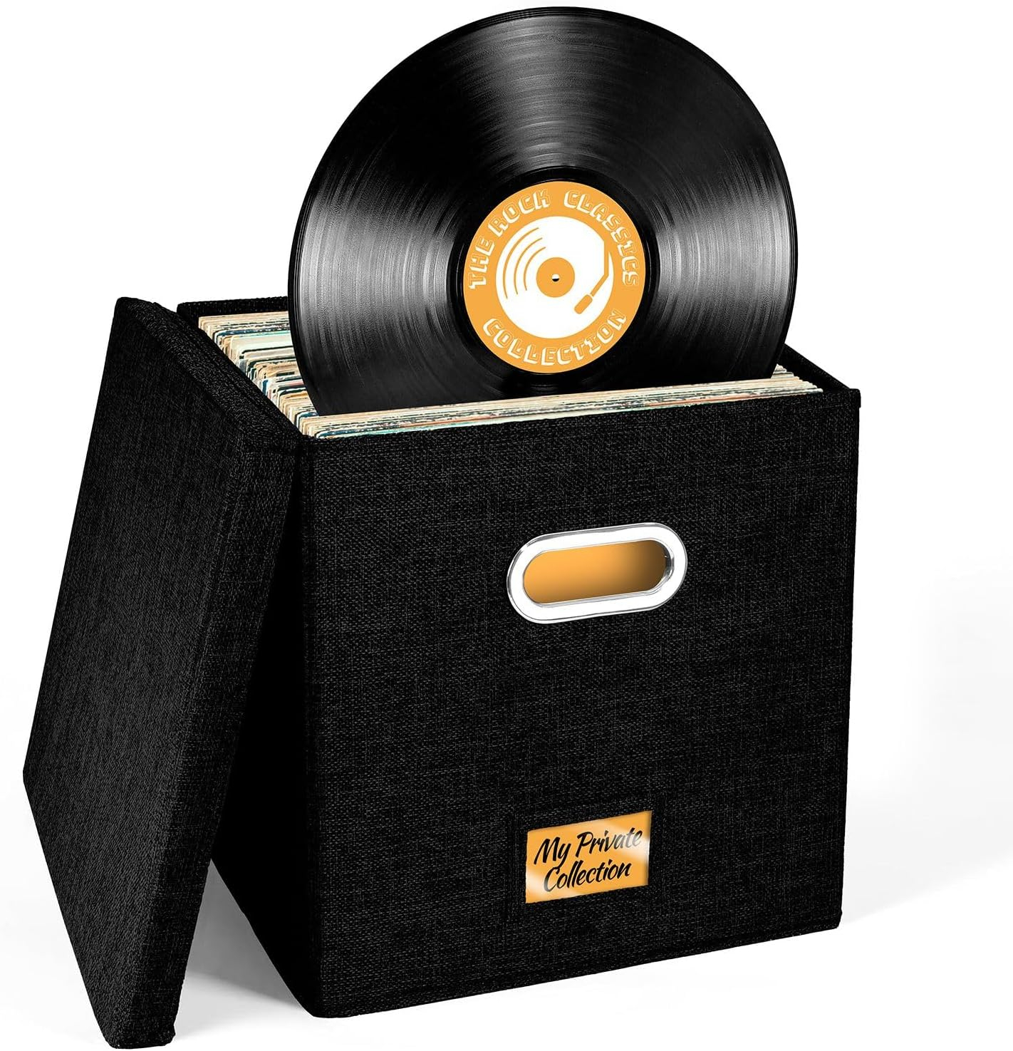 Vinyl Record Storage Box for up to 50+ 12-Inch Albums, Records Crate, LP Album Storage, Fabric Storage Boxes with Lids for Moving, Office, Closet, Home Organizer 13x13x13 (Black)