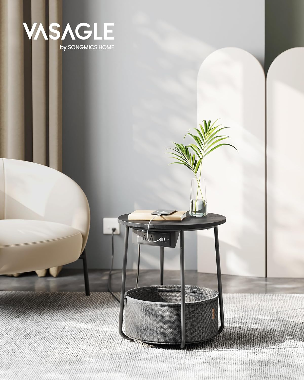 Ebony Black and Slate Gray Round Metal Side Table with Charging Station